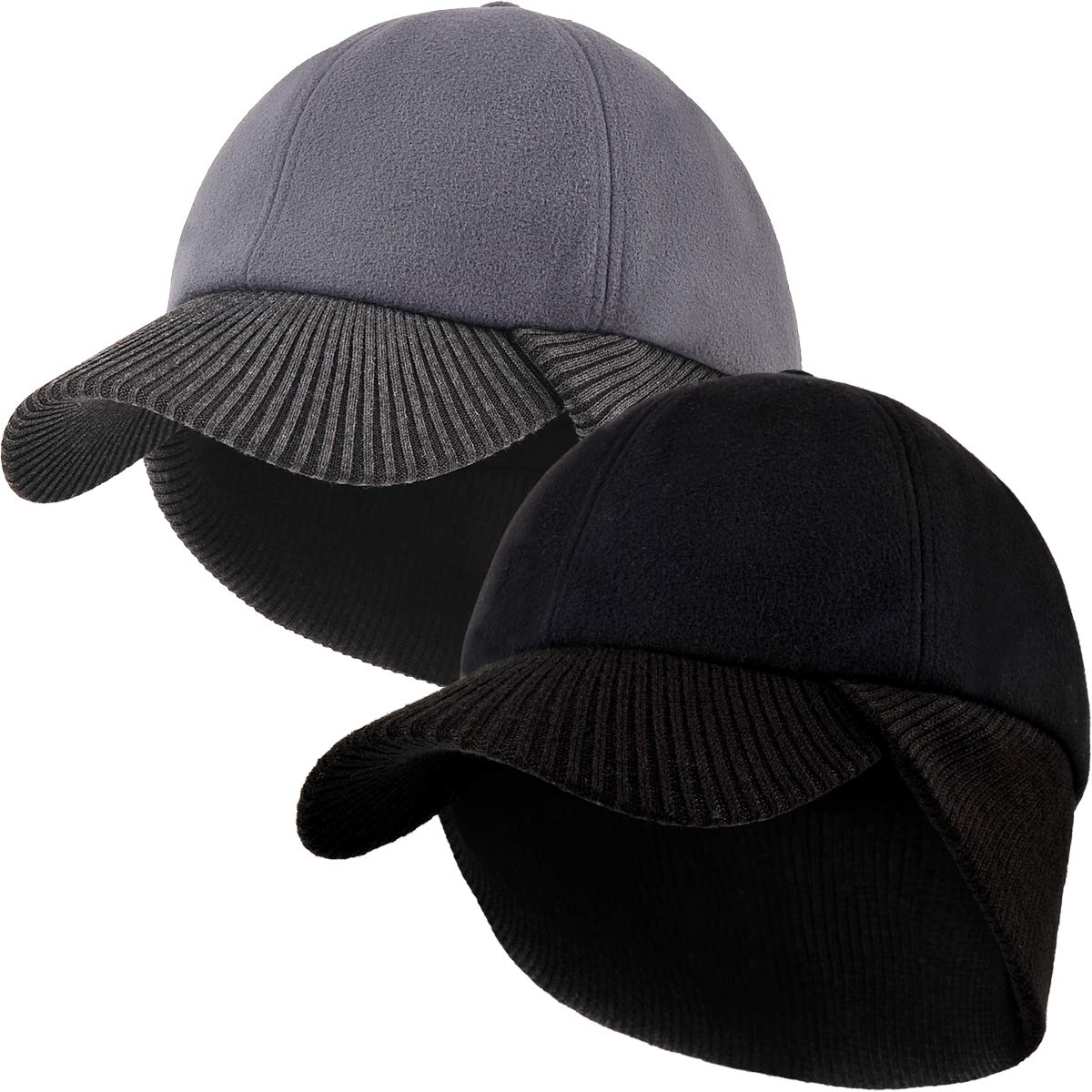 LCZTN Wool Winter Baseball Cap with Warmer Earflap for Men & Women Outdoor Ski Visor Beanie Hat (Black & Grey)