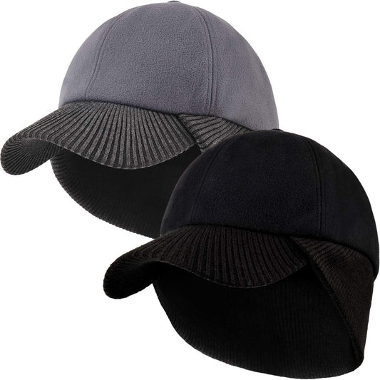 LCZTN Wool Winter Baseball Cap with Warmer Earflap for Men & Women Outdoor Ski Visor Beanie Hat (Black & Grey)