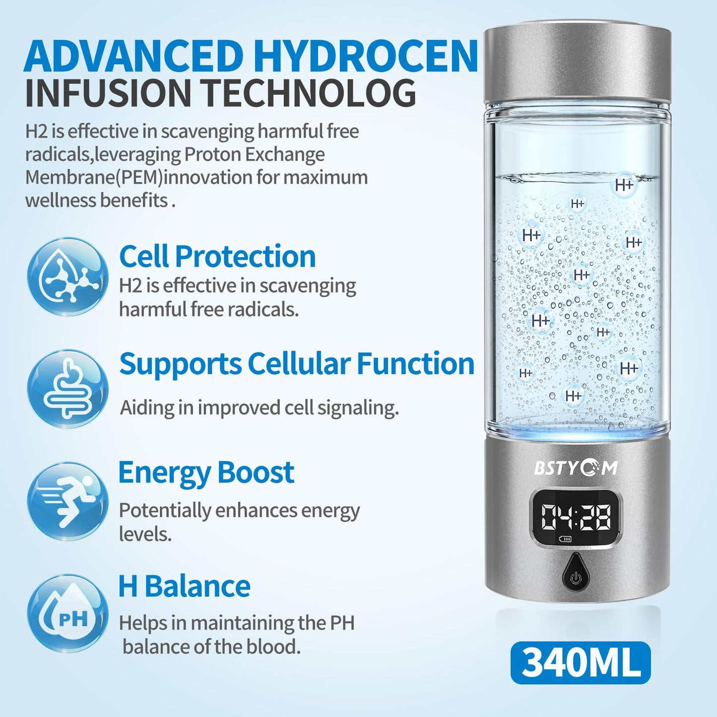 BSTYCM Hydrogen Water Bottle Generator,5000PPB Portable Hydrogen Water Machine with SPE PEM Tech and LED Timer Display,Water Ionizer Machine for Office, Daily Drinking and Outdoor (Silver, 8.4*Φ2.6)