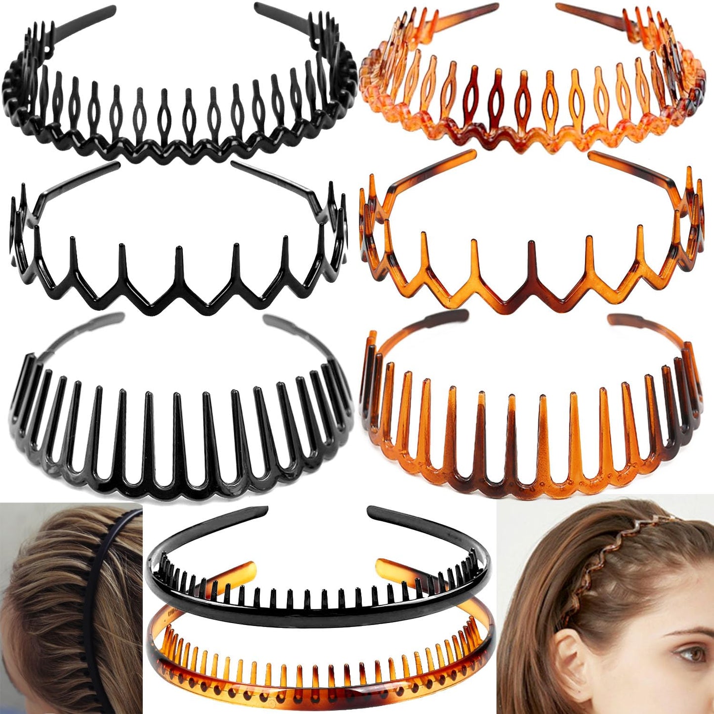 ULTIMUTE 8 PCS Fashion Effortless Plastic Headbands with Teeth Comb Black Skinny Headbands No Slip Hair Accessories Bands for Women Men Teen Girls, Amber&Bright Black