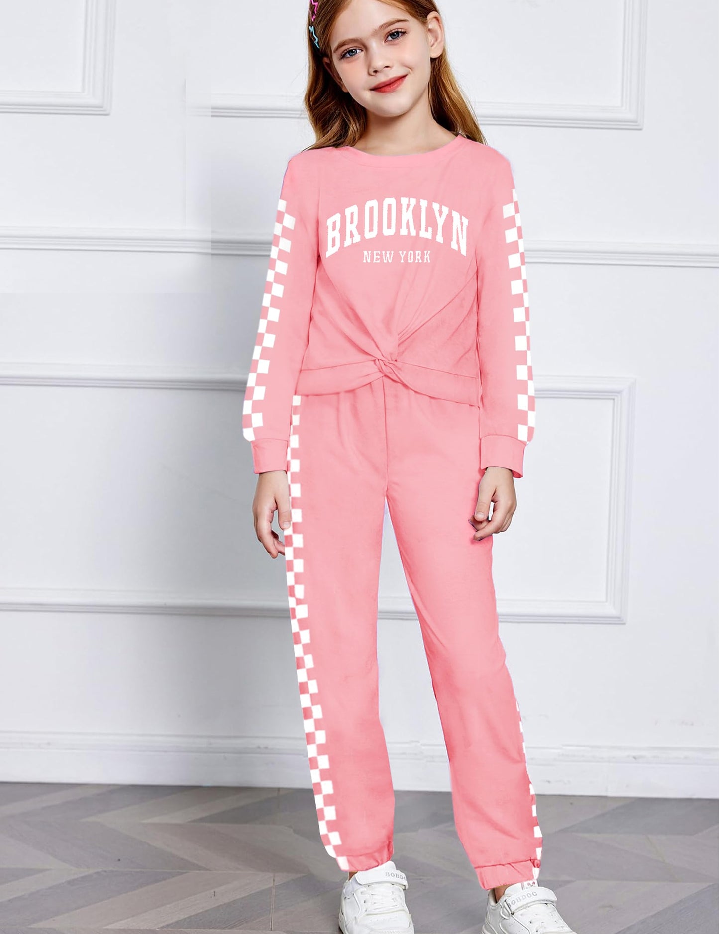 Boiltcat Girl Clothes Size 8-10 Pullover Girls' Clothing Sets Twist Front Sweatshirt and Plaid Sweatpants 2 Piece Girls Sweatsuit Fall Winter Pink 9-10 Years