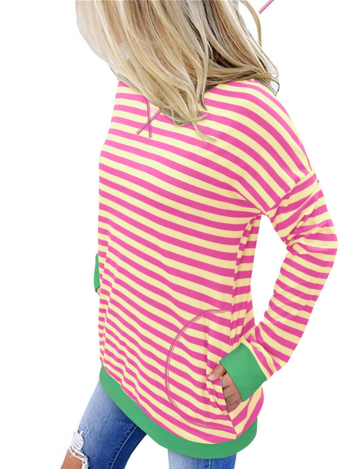 ONLYSHE Women's Long Sleeve Crewneck Shirts Loose T Shirts Striped Tops Casual Fall Spring Winter Pullover,PinkGreen,X-Large