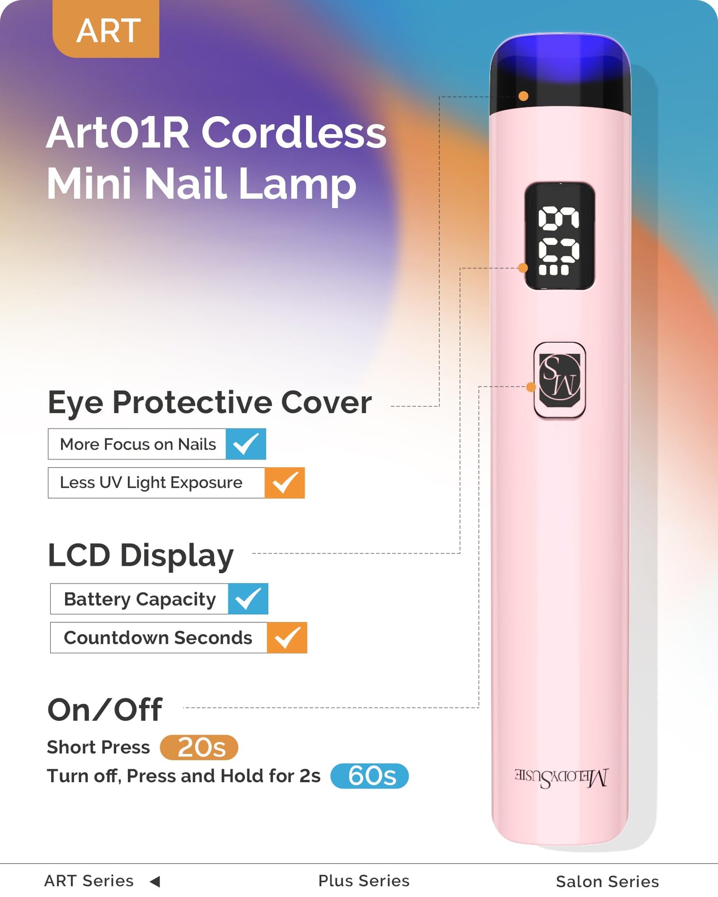 Melodysusie Handheld UV Light for Gel Nails, ART01R Cordless Gel X Nail Lamp Rechargeable with LCD Display, Eye-Protective Cover Flash Cure Nail Dryer for Rhinestone Glue Decoration DIY at Home Pink