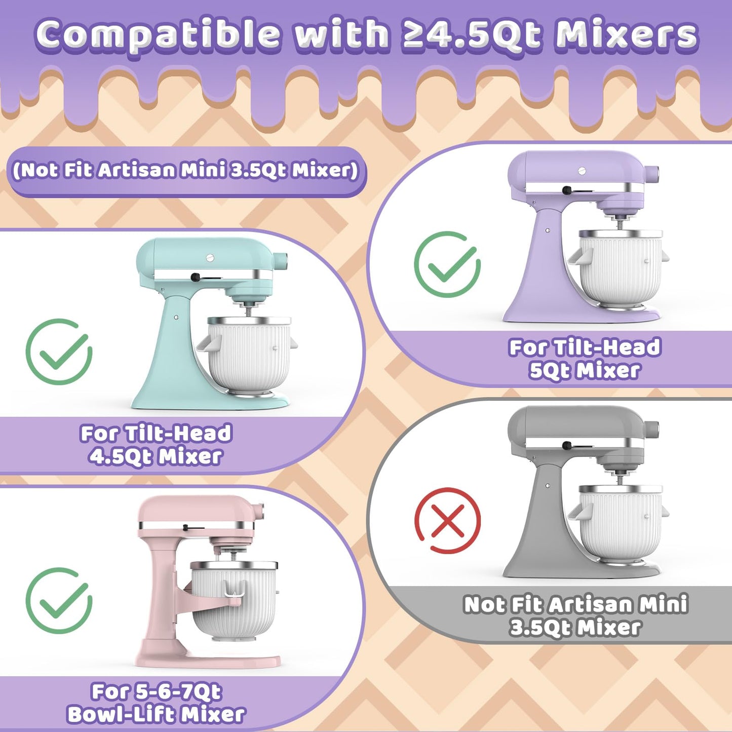 Ice Cream Maker Food Processor Accessories Compatible with Kitchenaid 4.5 and Larger Stand Mixers,2 Quart Frozen Yogurt & Sorbet Gelato Maker for Kitchenaid,Ice Cream Containers for homemade ice cream