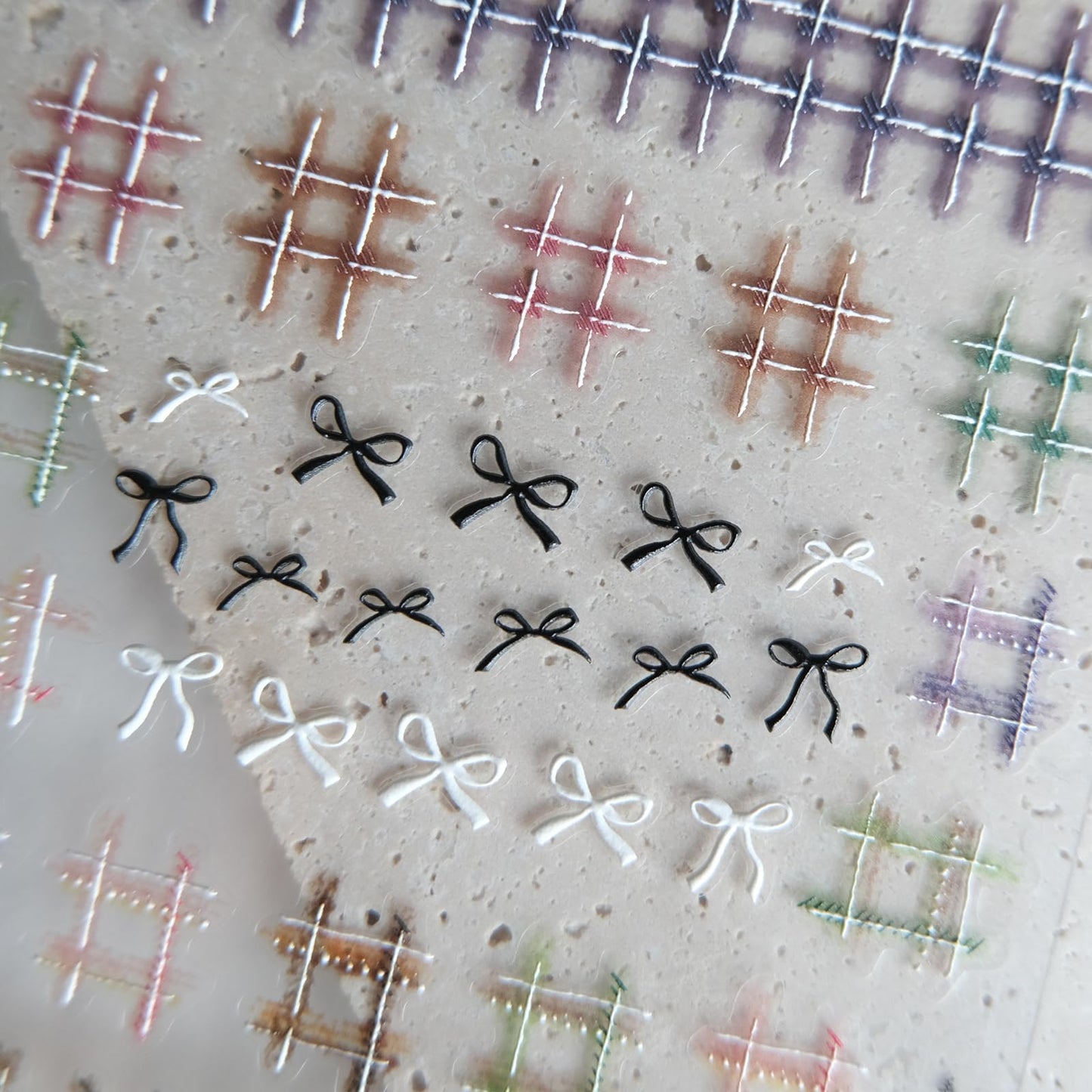 CESTSIREN Woolen Grid Bow Nail Art Stickers, Embossed Nail Decals,Elegant Cute Nail Art Design, Pearl, Self-Adhesive, Nail Accessories for Women, Nail Art Supplies