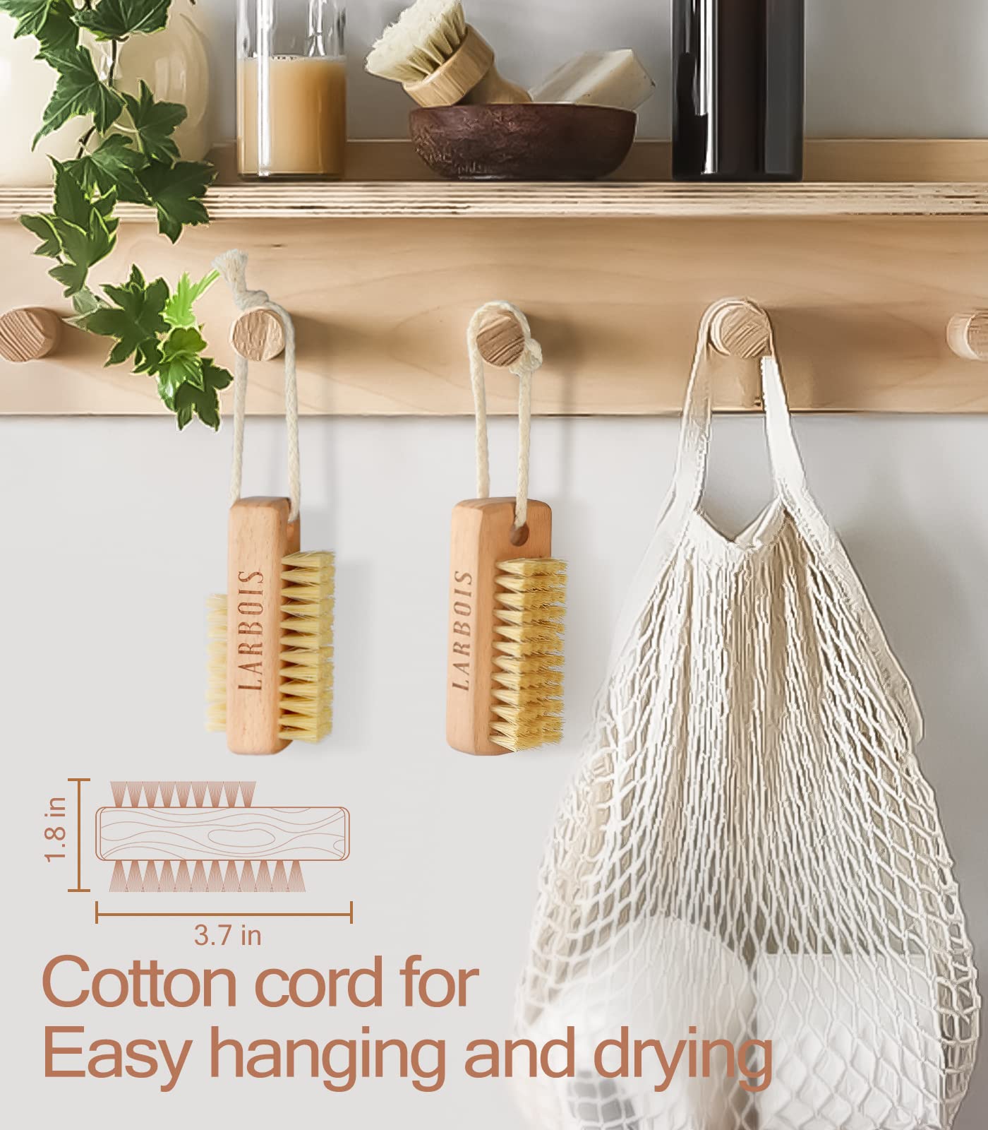 Larbois Nail Brush for Cleaning Fingernails, 2Pack Wooden Nail Brushes Fingernail Brush for Cleaning Nail Scrub Brush Two-Sided with Hanging Rope (Beechwood)