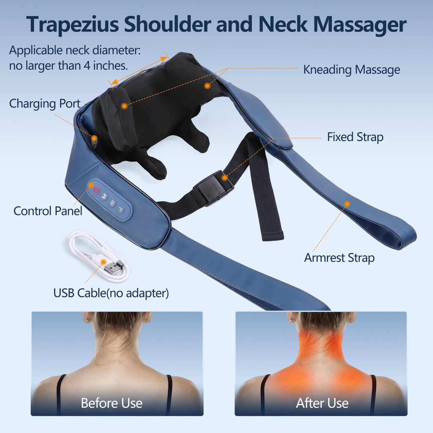Cozyhealth Neck Massager for Neck and Shoulder with Heat, Shiatsu Neck and Upper Back Massager, Portable Cordless Electric Kneading Neck Massager for Pain Relief Deep Tissue (Dark Blue)