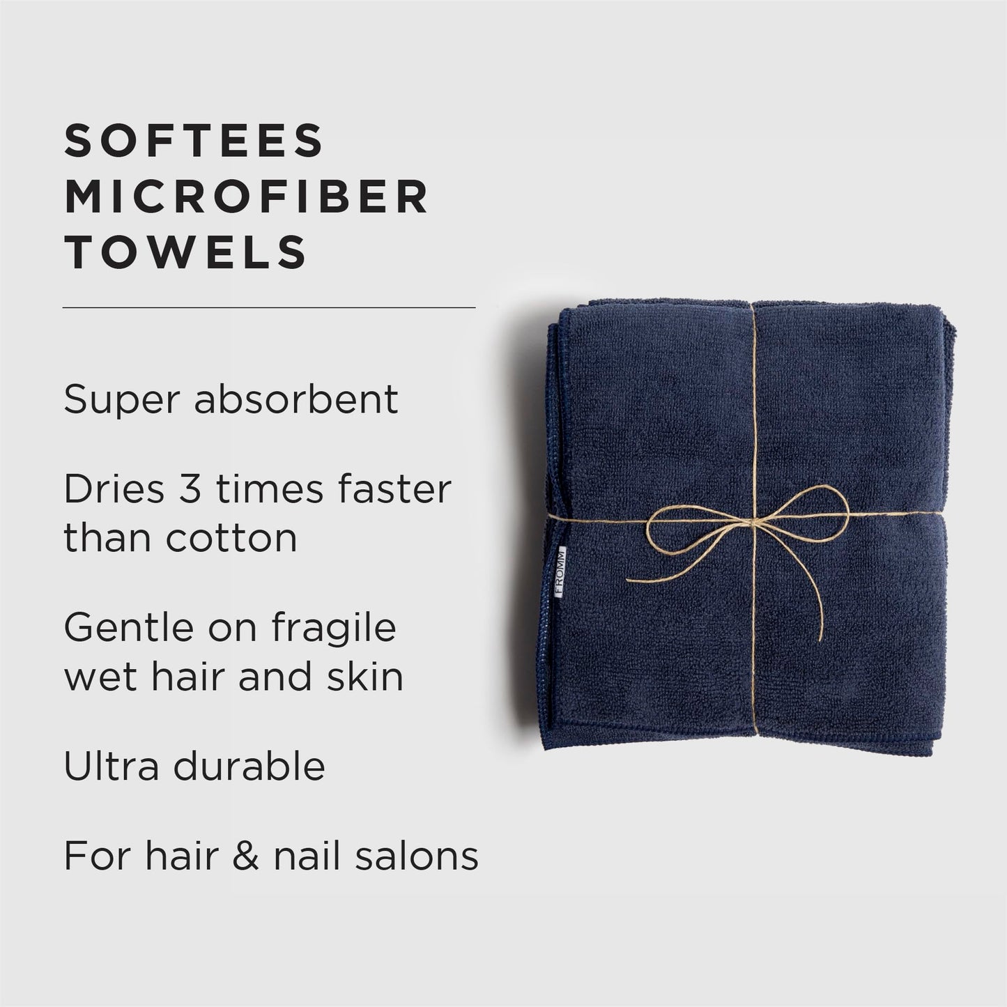 Fromm Softees Microfiber Salon Hair Towels for Hairstylists, Barbers, Spa, Gym in Navy, 16" by 29", 10 count Perfect Hair Care Towel for Drying Curly, Long, Wavy Hair