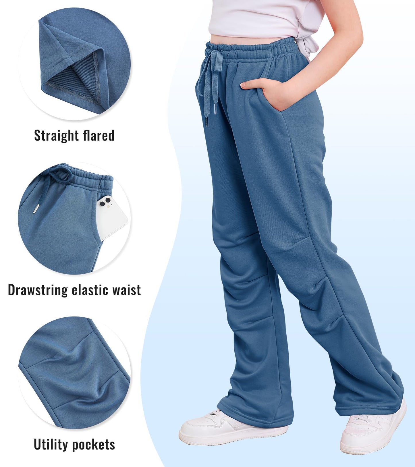 Kimoda Girls Casual Sweatpants 8-9 Kids Fall Winter High Waisted Loose Straight Blue Jogger Pants Kids Casual Drawstring Elastic Trousers