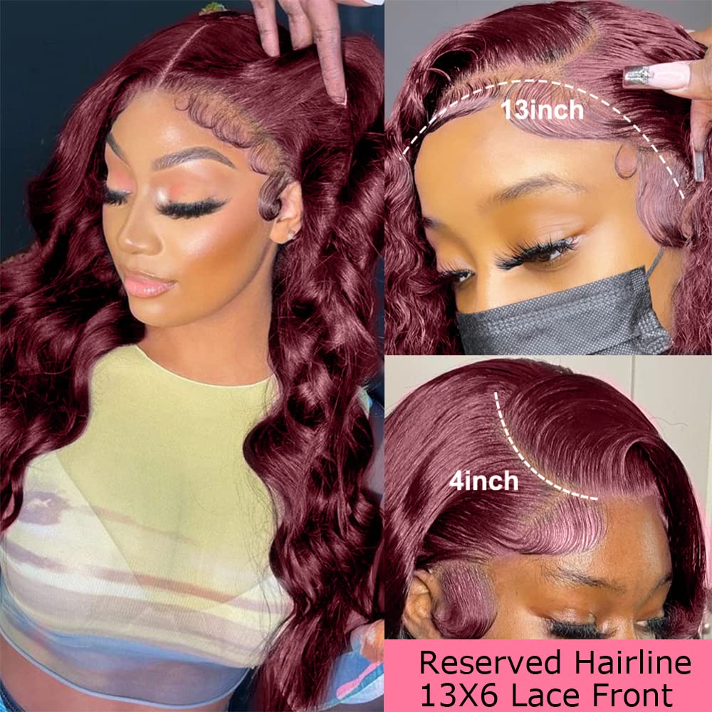 99J Burgundy Lace Front Wigs Human Hair With Baby Hair Pre Plucked 13x4 Body Wave 99j HD Transparent Lace Frontal Human Hair Wigs for Women 99J Glueless Lace Front Wigs Human Hair 18Inch