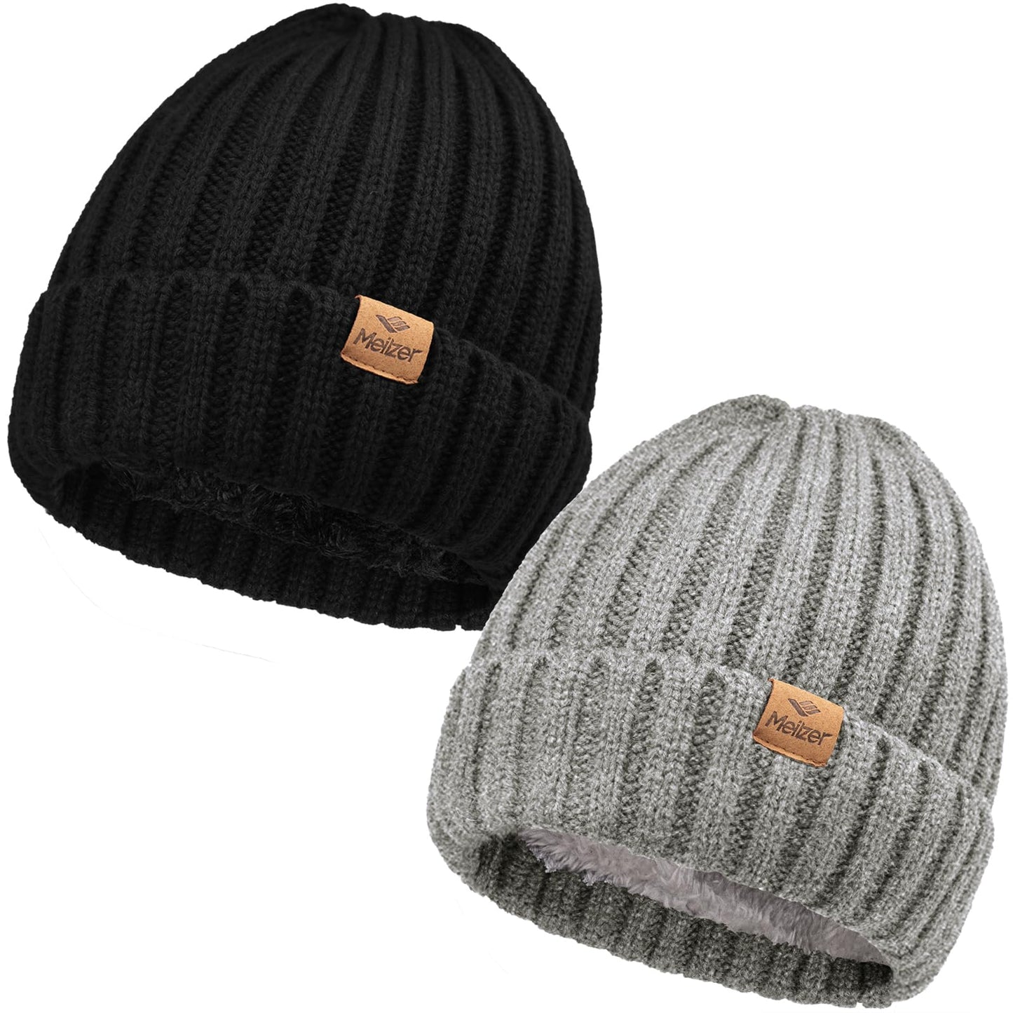 Meilzer Winter Hats for Women Fleece Lined Beanie Knit Chunky Womens Snow Cap (US, Alpha, One Size, Black/Grey)