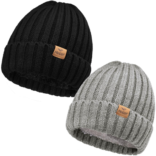 Meilzer Winter Hats for Women Fleece Lined Beanie Knit Chunky Womens Snow Cap (US, Alpha, One Size, Black/Grey)
