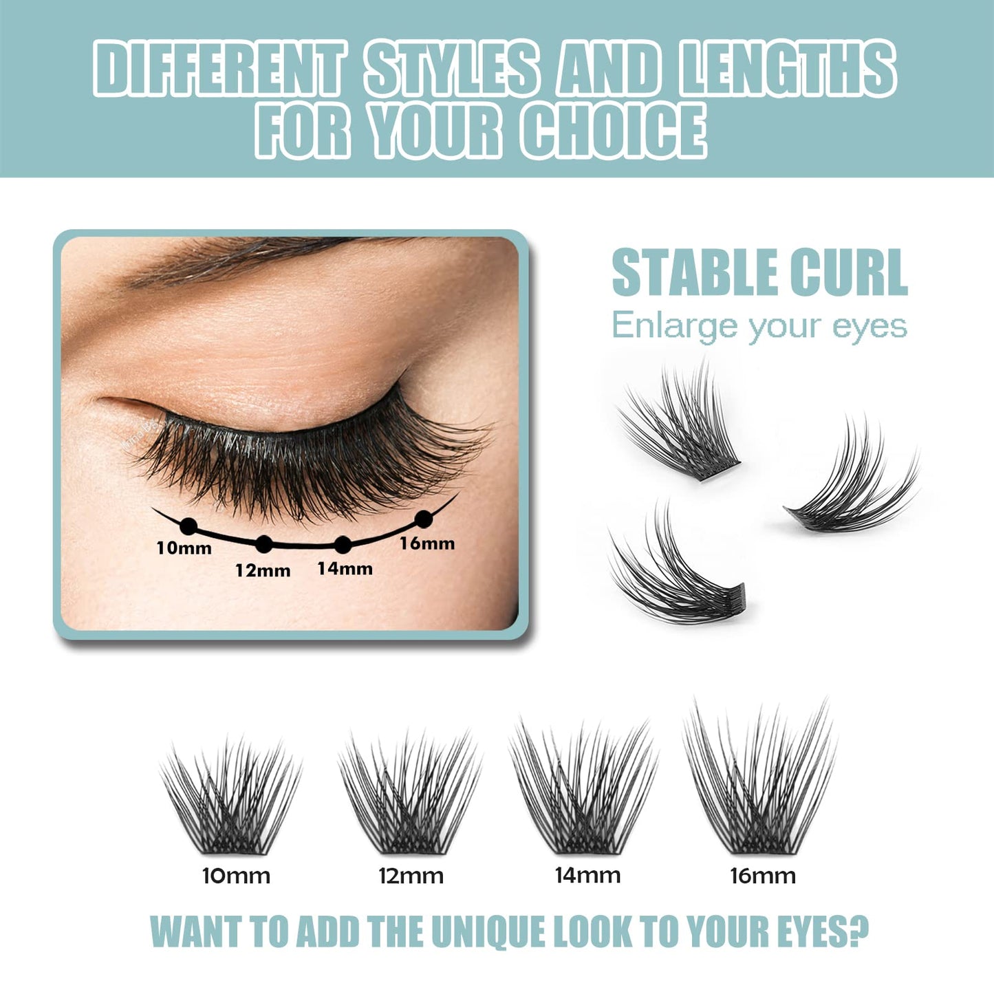 DIY Eyelash Extension, 3D Effect Glue Bonded Band Individual Lash 48 Clusters Volume Lashes Set, Home Eyelash Extension, C curl Lashes Pack 10MM-Volume-48 Clusters