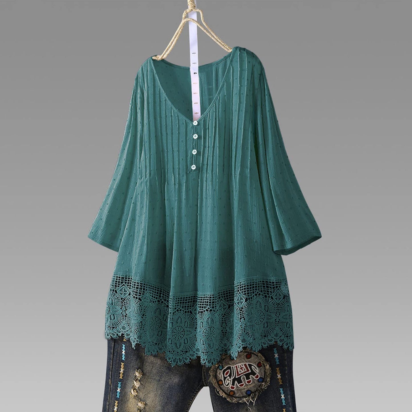 Aniywn Women Round Neck Lace Up Lace Patchwork Flare Pullover Top Casual Plus Size 3/4 Sleeve Floral Printed T-Shirt