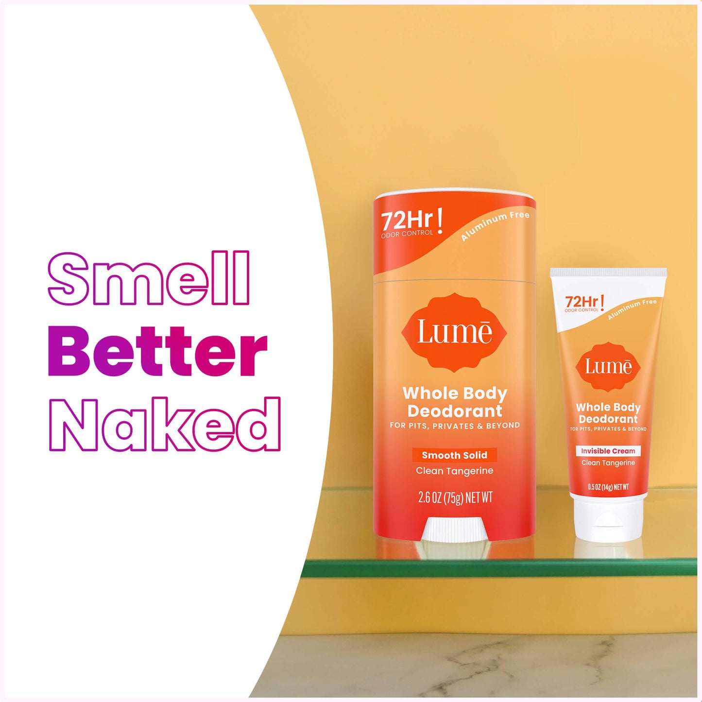 Lume Whole Body Deodorant - Invisible Cream Tube Mini + Solid Stick Bundle - 72 Hour Odor Control - Aluminum & Baking Soda Free, Skin Loving (Clean Tangerine)