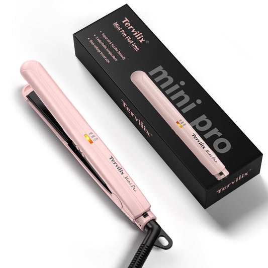 Terviiix Mini Flat Iron Hair Straightener, Adjustable Temperature, Travel-Size, 1/2" Ceramic Plates, Dual Voltage, Auto-Off, Pink