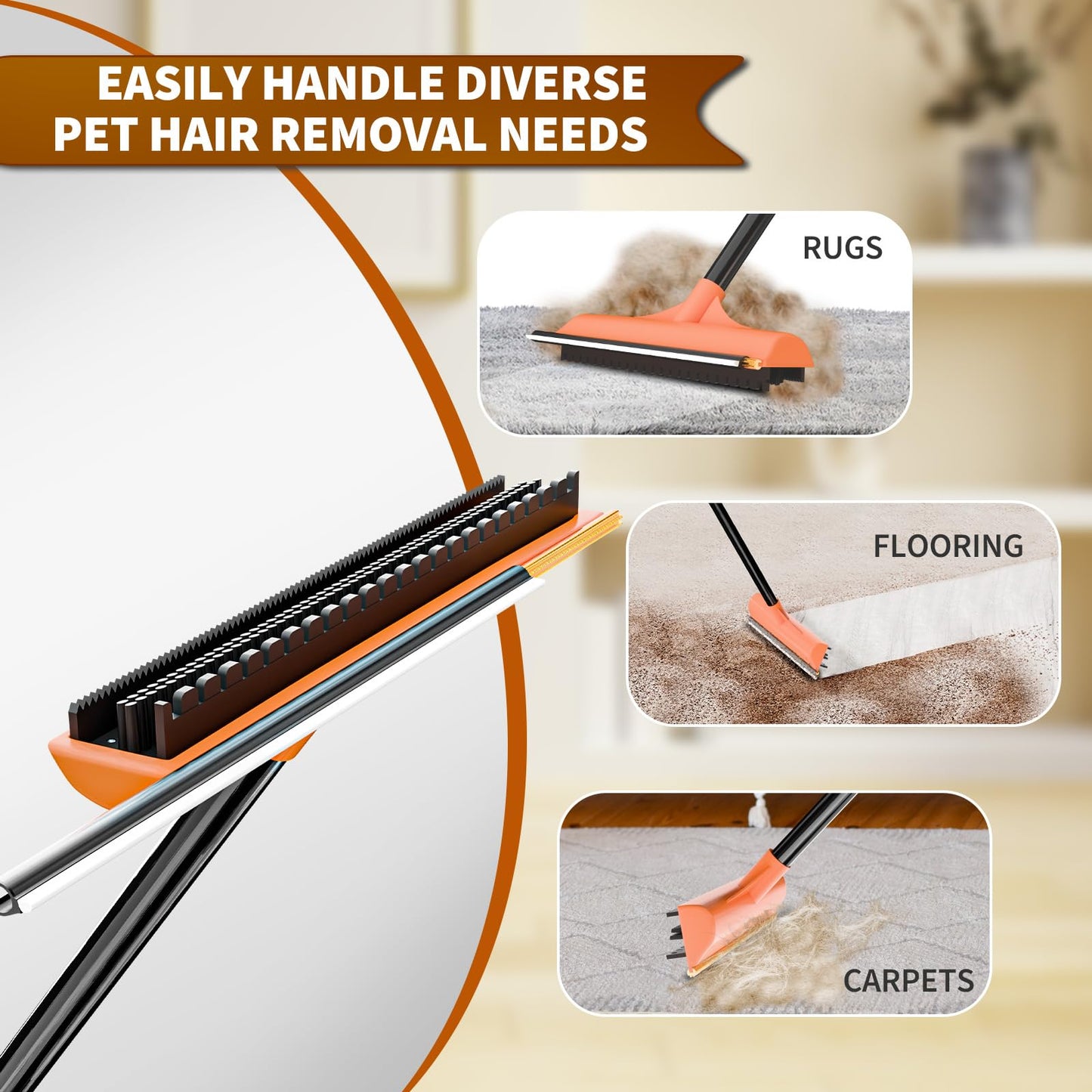 3 in 1 Carpet rake Kit for Pet Hair Removal Tool - Reusable Pet Hair Remover broom w 58"Adjustable Long Handle, Dog & Cat Carpet Scraper, Pet Hair Remover for Rugs, Mats, Couch, Curtains(Orange)