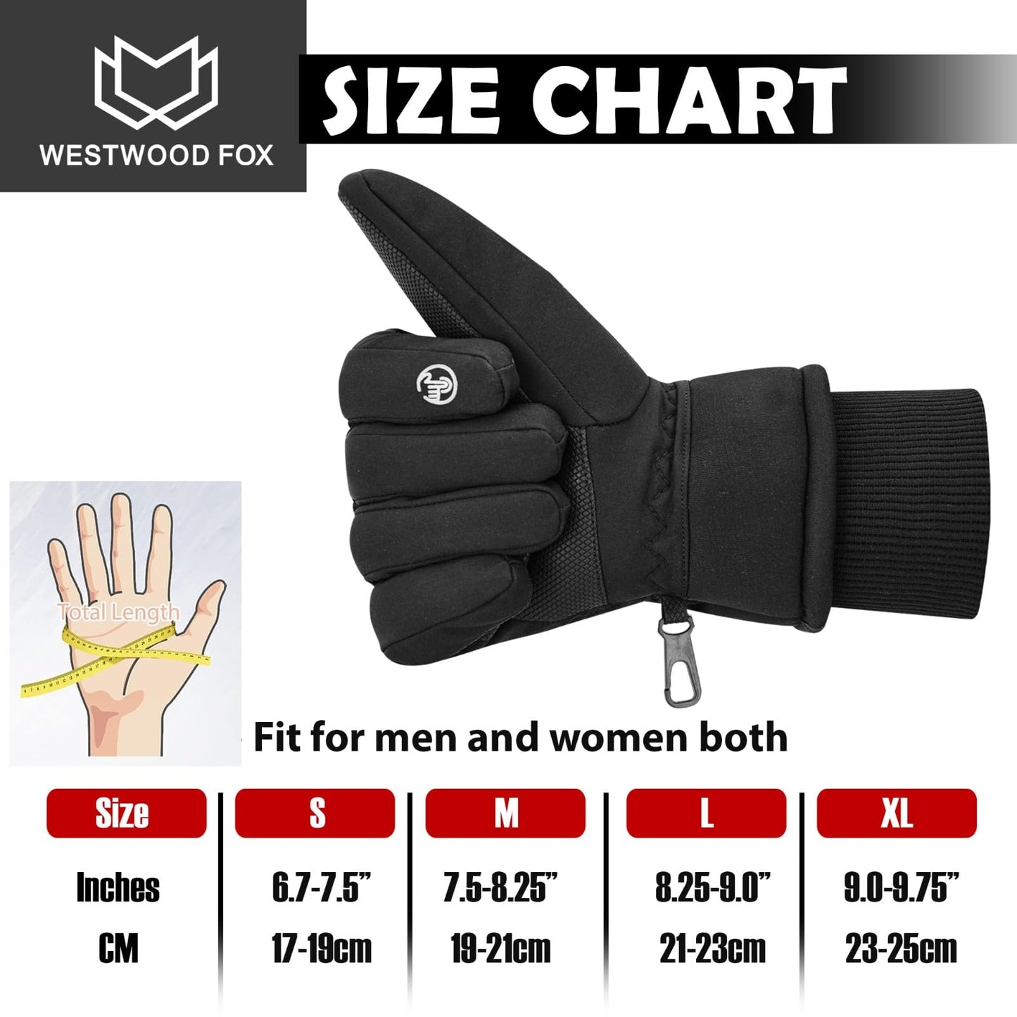 WESTWOOD FOX Waterproof Winter Gloves for Men & Women,Windproof, Warm Ski Gloves, Touchscreen, Anti-Slip Grip Gloves for Cycling, Snowboarding, Hiking, Running, Driving and Outdoor Sports (Black, L)