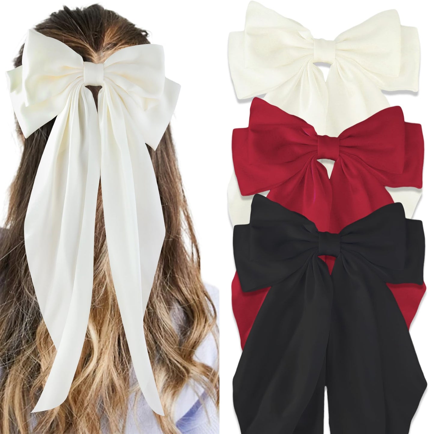 Canitor Hair Bows for Women Silky Satin Hair Ribbon Hair Barrettes Clip Oversized Long Tail Hair Bows Cute Aesthetic Coquette Hair Accessories Preppy Teen Girl Gifts Trendy Stuff Things