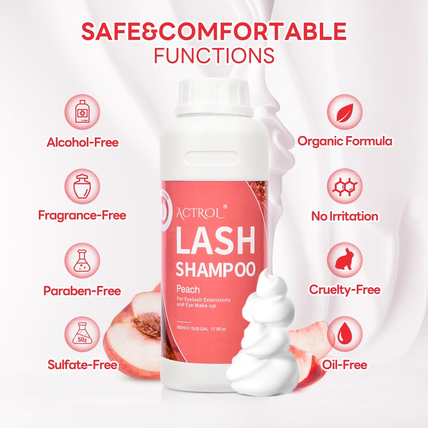 ACTROL Lash Extension Cleanser Peach 500ml Eyelash Shampoo Lash Wash Shampoo Lash Cleanser Foam with Salon and Home Care
