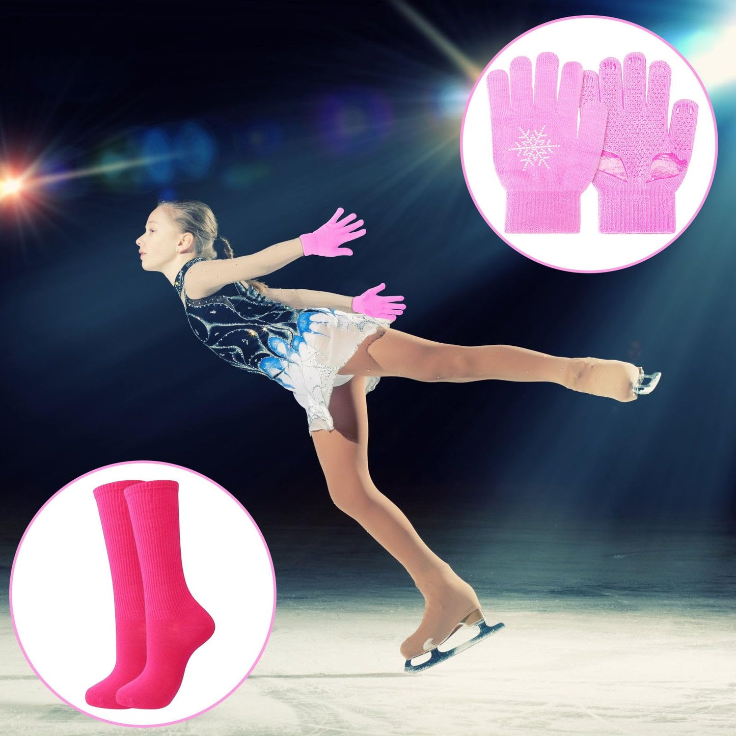 Hicarer 6 Pairs Figure Skating Gloves Socks Set Ice Skating Socks Anti Slip Gloves with Rhinestone Snowflakes Warm Winter Mitten Knit Gloves for Practice Competition (Purple, Skin Color, Pink)