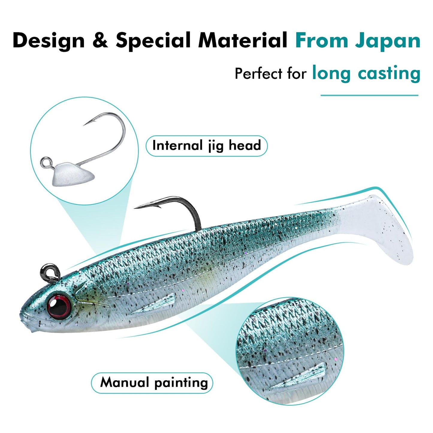 TRUSCEND Power Soft Fishing Lures Pre-Rigged BKK Hook, Japan Formula, Slow Sinking, Swimming, Jerking, Freshwater or Saltwater Swimmer for Bass Trout Pike Fishing, B-2.8in,6PCS