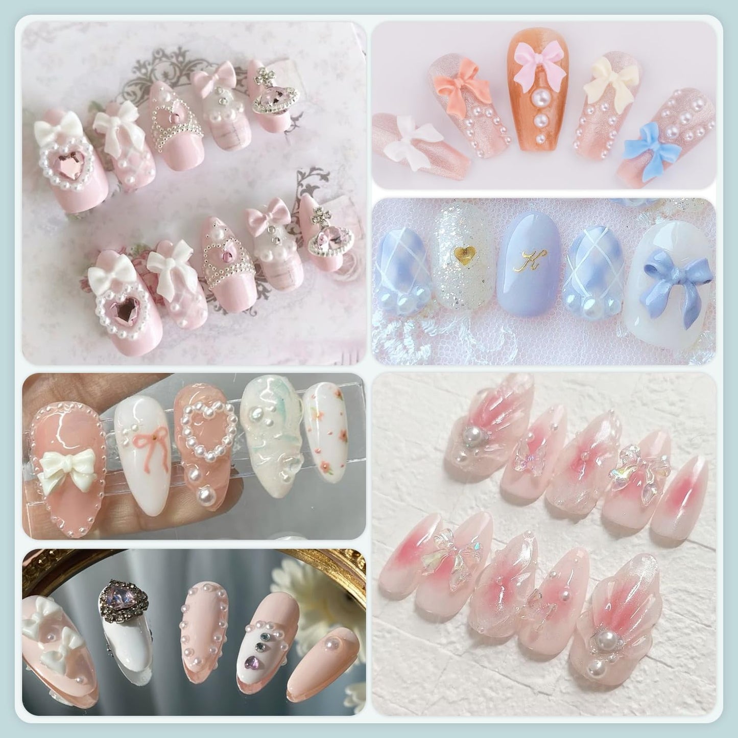 3D Nail Charms & Pearls Set - 600 Pcs, Pink & White Bows & Stars + White Pearls (2-4mm) for Nail Art DIY Decoration