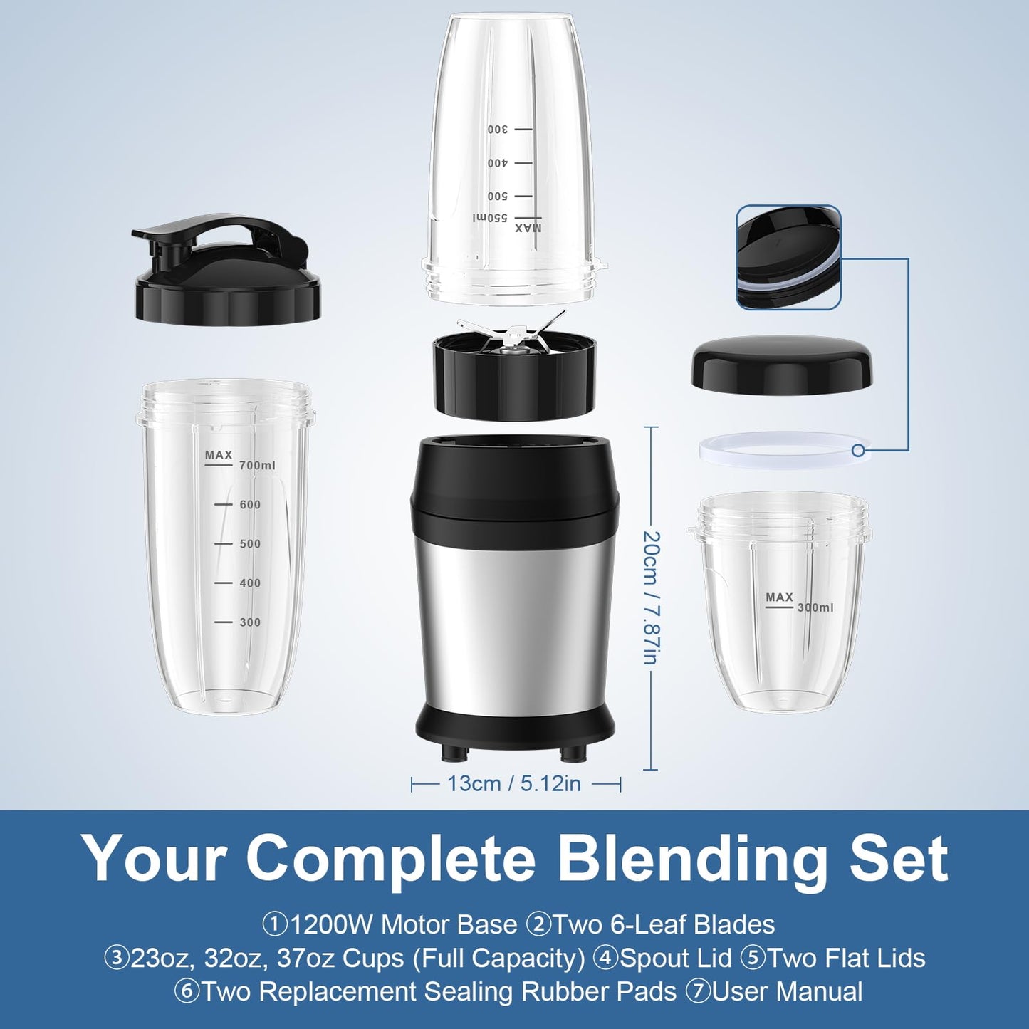 Colarlemo 12-Piece Smoothie Blender Maker 25,000 RPM Personal Blender for Ice Crushing Smoothies & Frozen Drinks Nuts with 23oz, 32oz, 37oz Portable Cups Two 6-Leaf Stainless Steel Blades, Silver