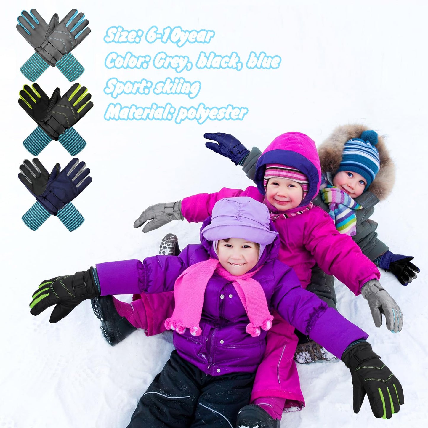 Newcotte 3 Pairs Kids Waterproof Winter Gloves Long Cuff Ski Snow Gloves Children Warm Mittens Gloves for Boy Girl Outdoor(Aged 6-10,Warm Style)