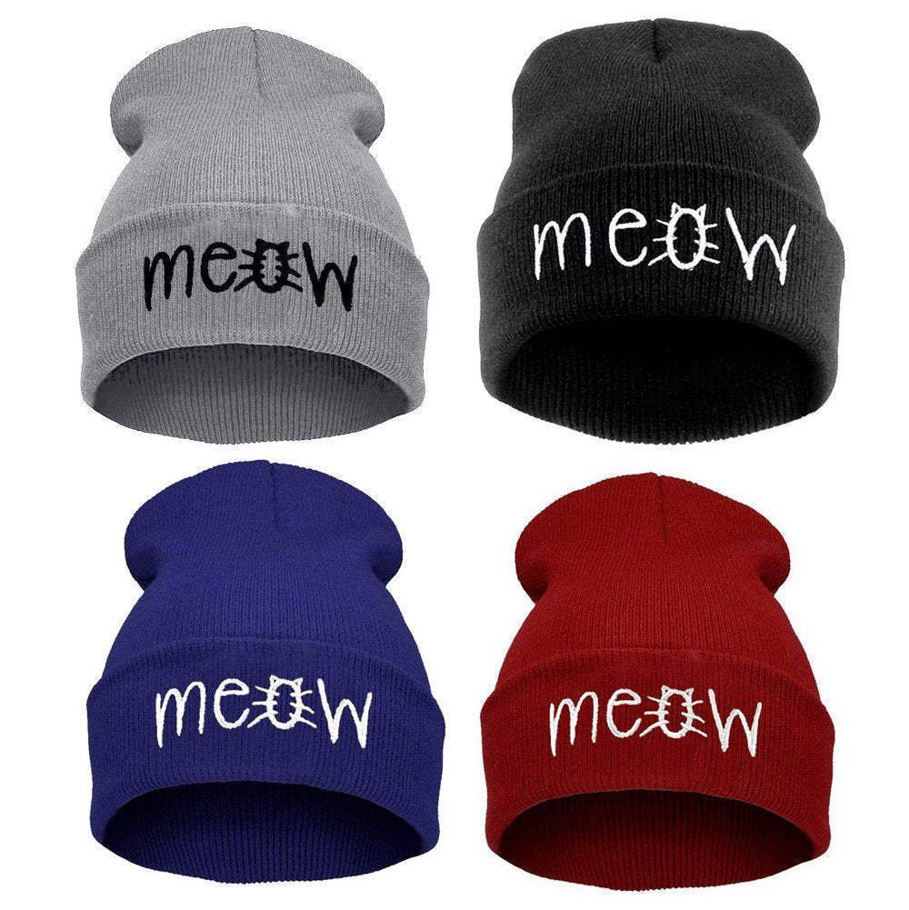 Black Cute Cat Beanie Knit Winter Hats for Women Girls Teens Slouchy Skull Caps