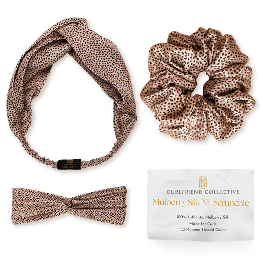 Real Mulberry Silk Scrunchie & Headband Bundle | Extra Large Silk Scrunchie & Elastic Silky Head Band for Thick, Curly Hair | (Leopard Cheetah)