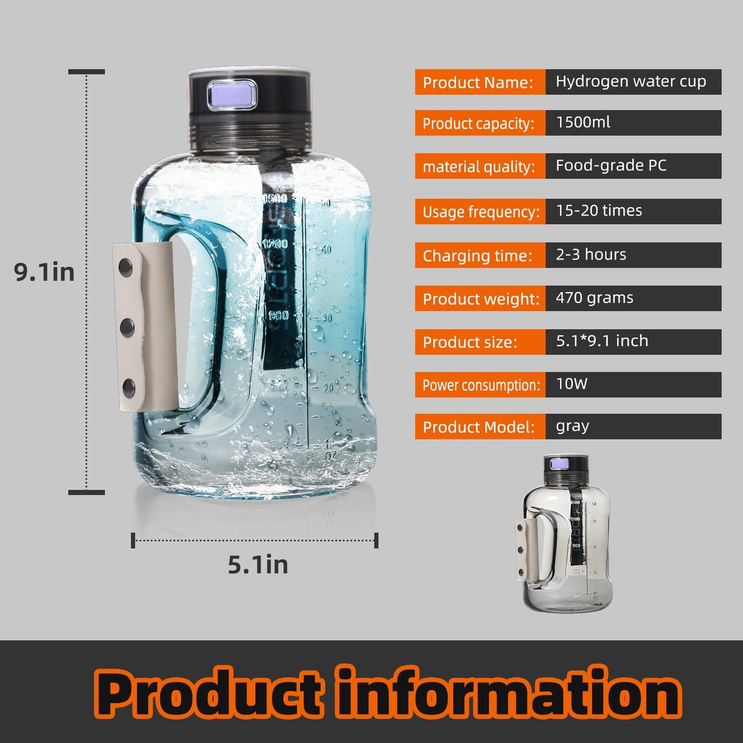 Hydrogen Water Bottle, 50oz/1.5L Large-Capacity Hydrogen Water Generator with SPE/PEM Technology, Rechargeable Hydrogen Water Ionizer, 6 Min Electrolysis for Sports Fitness Exercise Gift