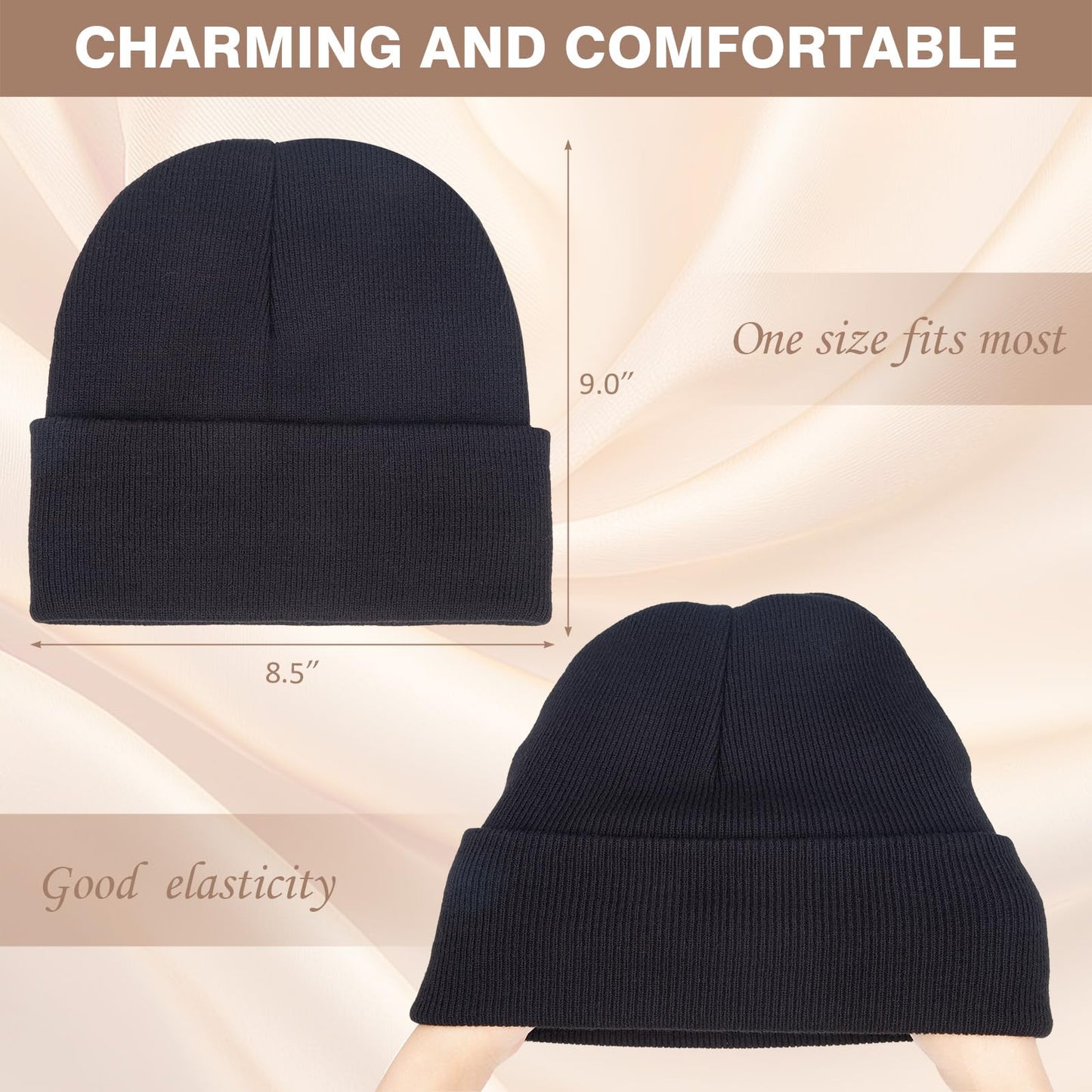 2 Pack Satin Lined Winter Beanie for Women Men Knitted Cuffed Silk Lined Skull Hat (US, Alpha, One Size, Black+Grey)