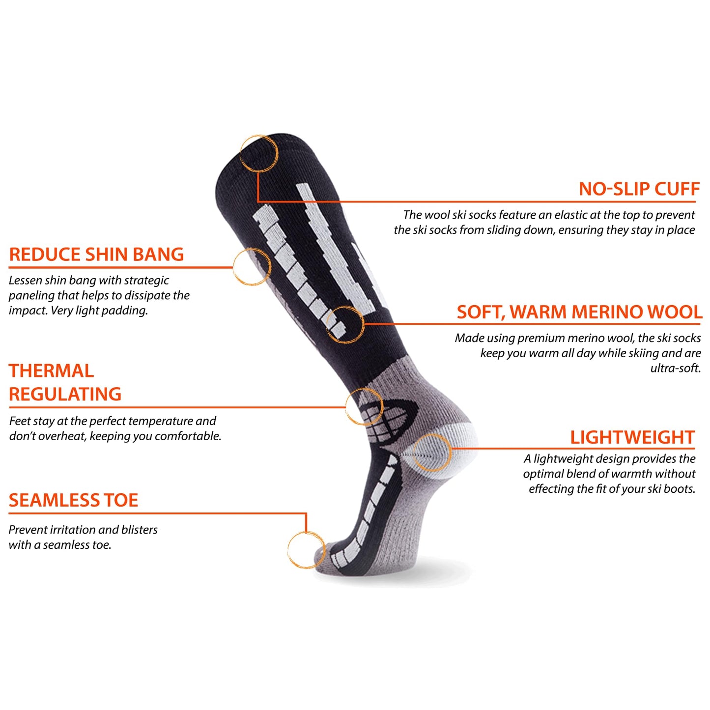 Pure Athlete Ski Socks Warm Merino Wool - Best Lightweight Thin Ski Snowboard Sock Women Men (1 Pair - Black/Grey, Large-X-Large)