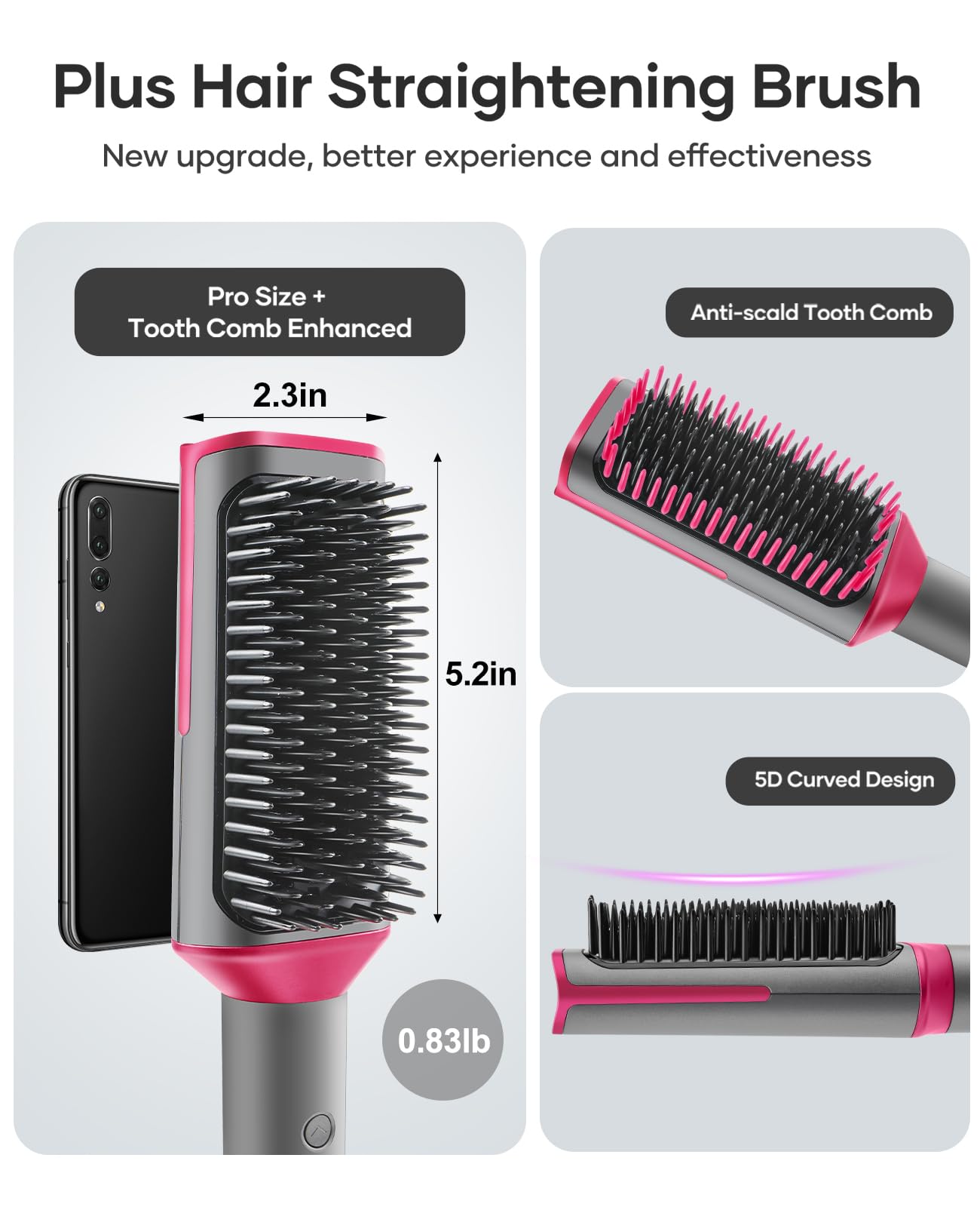 Hair Straightener Brush Straightening Comb - Ionic Heated Brush Straightener for Women, Plus 3x Dense Bristles Ceramic Styler for Thick Curly Hair, 16 Temps, 2 in 1 Flat Iron Brush Dual Voltage Travel