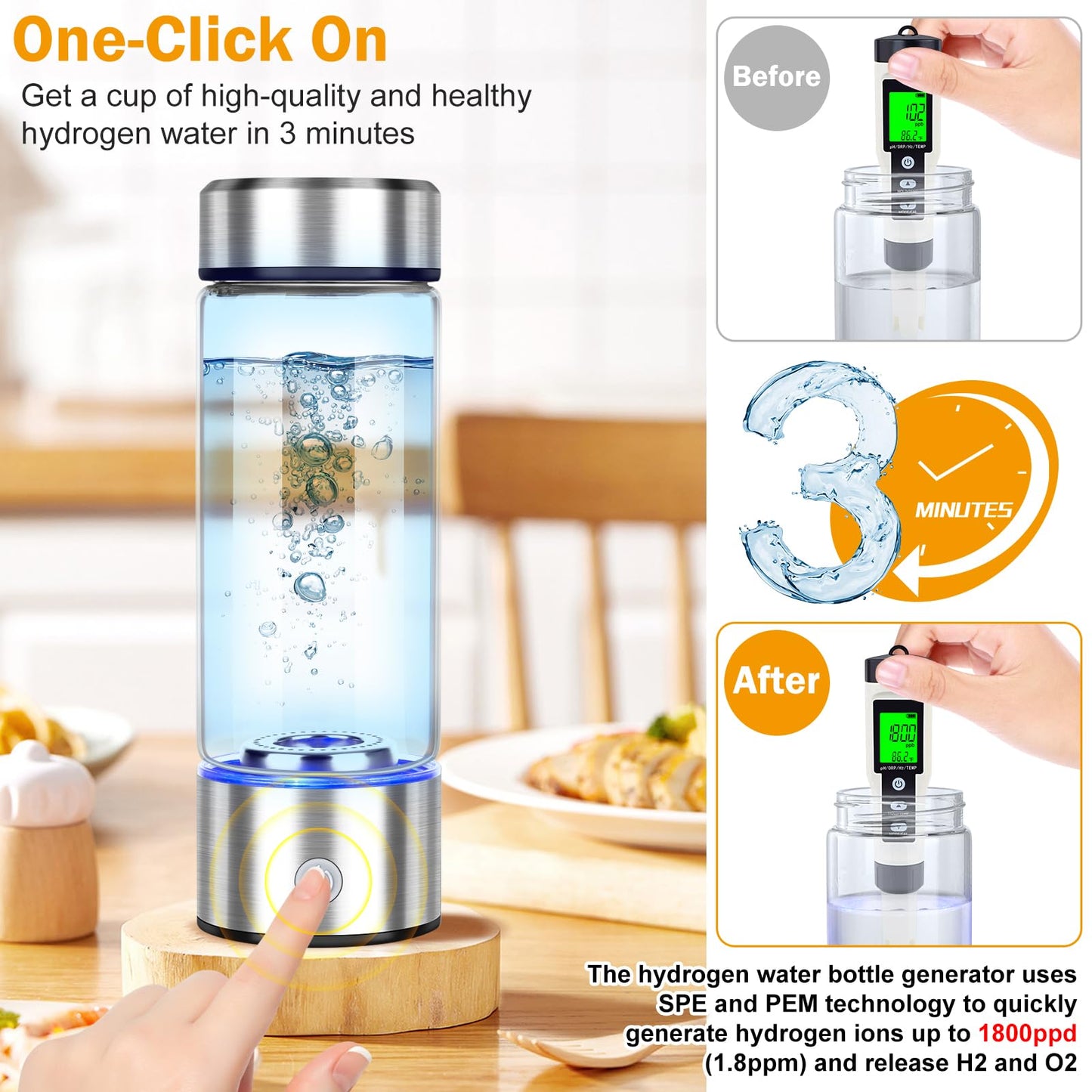 2025 Upgrade Hydrogen Water Bottle, Hydrogen Water Generator with Advanced SPE PEM Technology, 420ml(14OZ) Hydro Water Machine, Portable Water Ionizer for Office, Travel, Fitness & Everyday Hydration