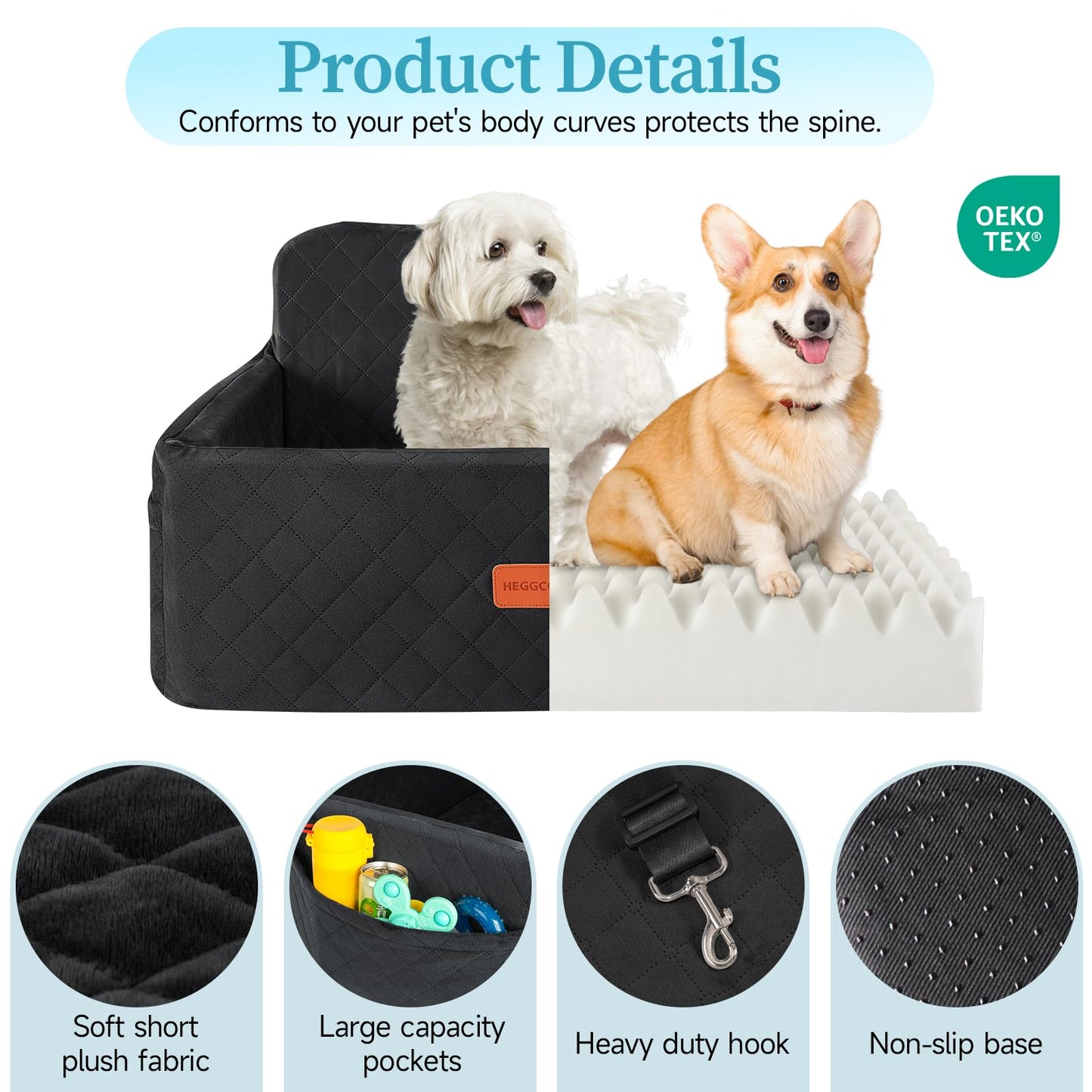 HEGGCOOE Dog Car Seat for Medium/Large Dogs, Pet Booster Seat for Under 55 lbs or 2 Small Dogs, Detachable & Washable Dog Car Bed for Backseat with 2 Safety Leashes(Black)