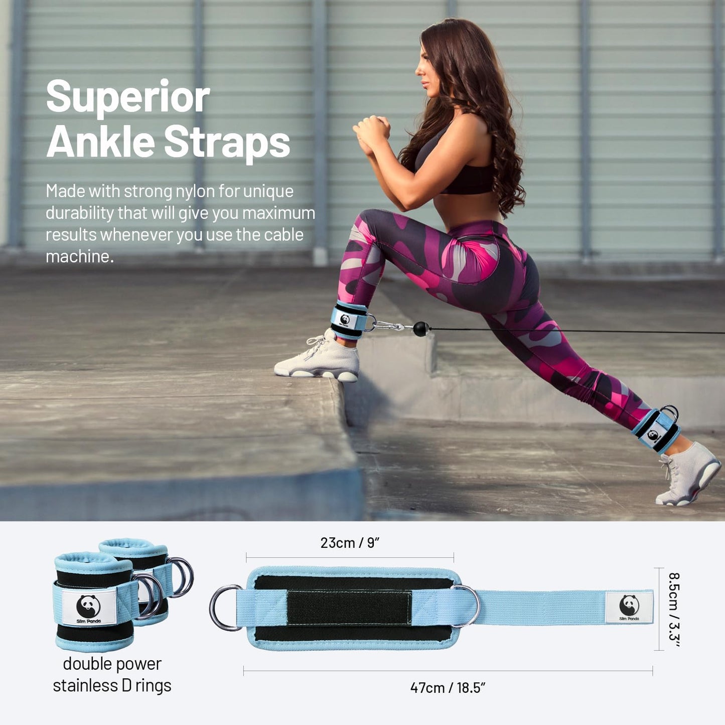 Slim Panda Ankle Strap for Cable Machine,Ankle Cuff for Kickbacks, Booty Hip Abductors,Glute Workouts, Leg Extensions, Curls for Men and Women, Adjustable with Double D-Rings (Pair, Cyan)
