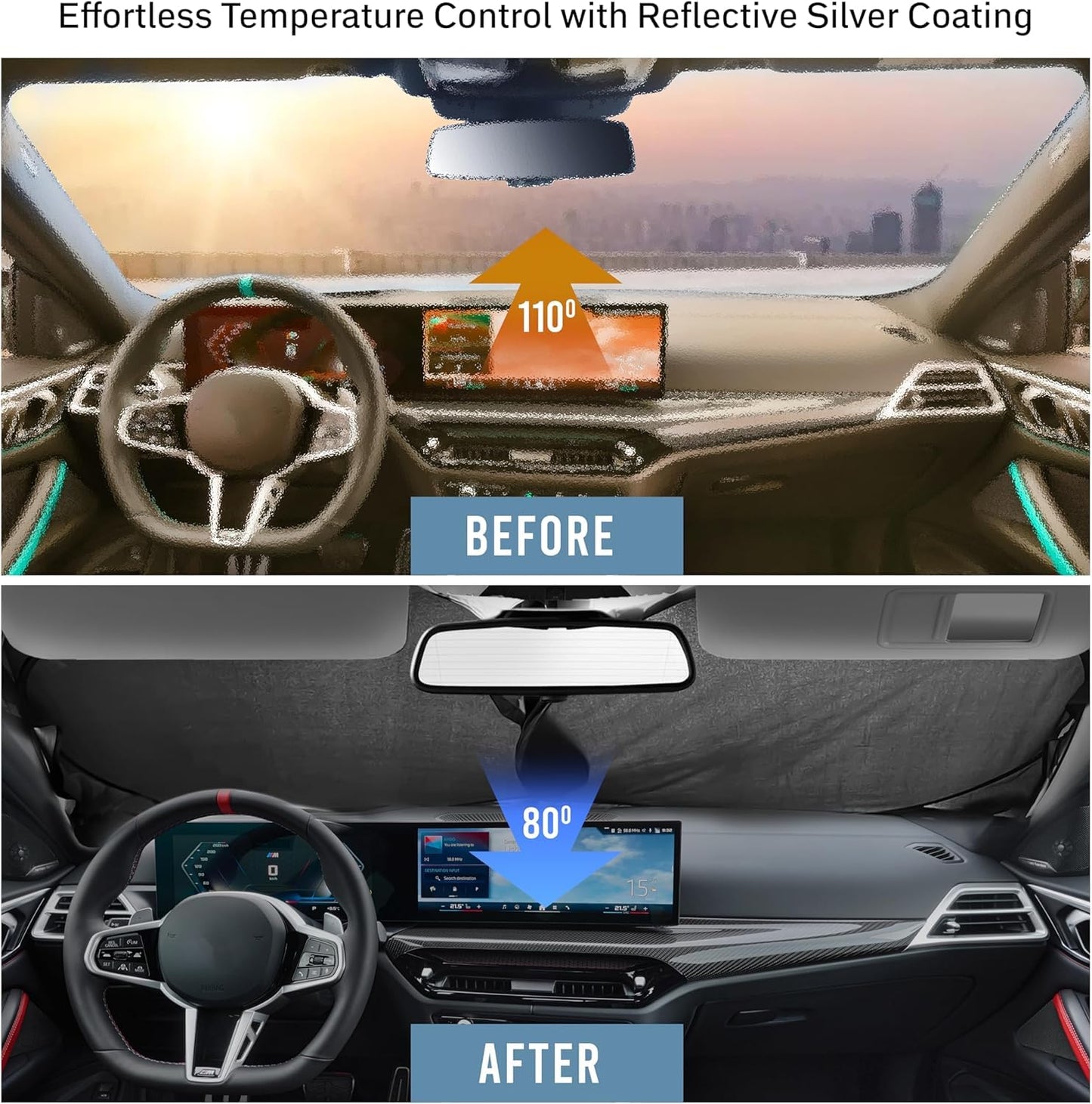 Autovir Foldable Windshield Sun Shade for Car – 240T Reflective UV and Heat Shield with Storage Bag | Keeps Interior Cool | Universal Fit for Sedans, SUVs, and Trucks – Medium (64" x 32")