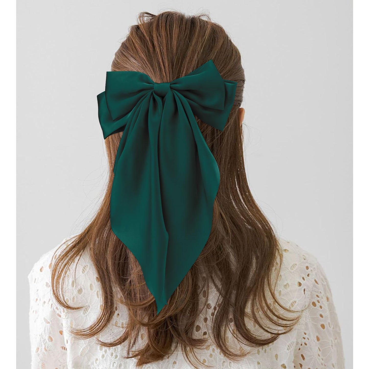 Canitor Dark Green Hair Bows for Women Hair Accessories for Christmas Halloween St. Patrick's Outfit Dress Shirts Barrettes Clip Large Silky Satin Bows