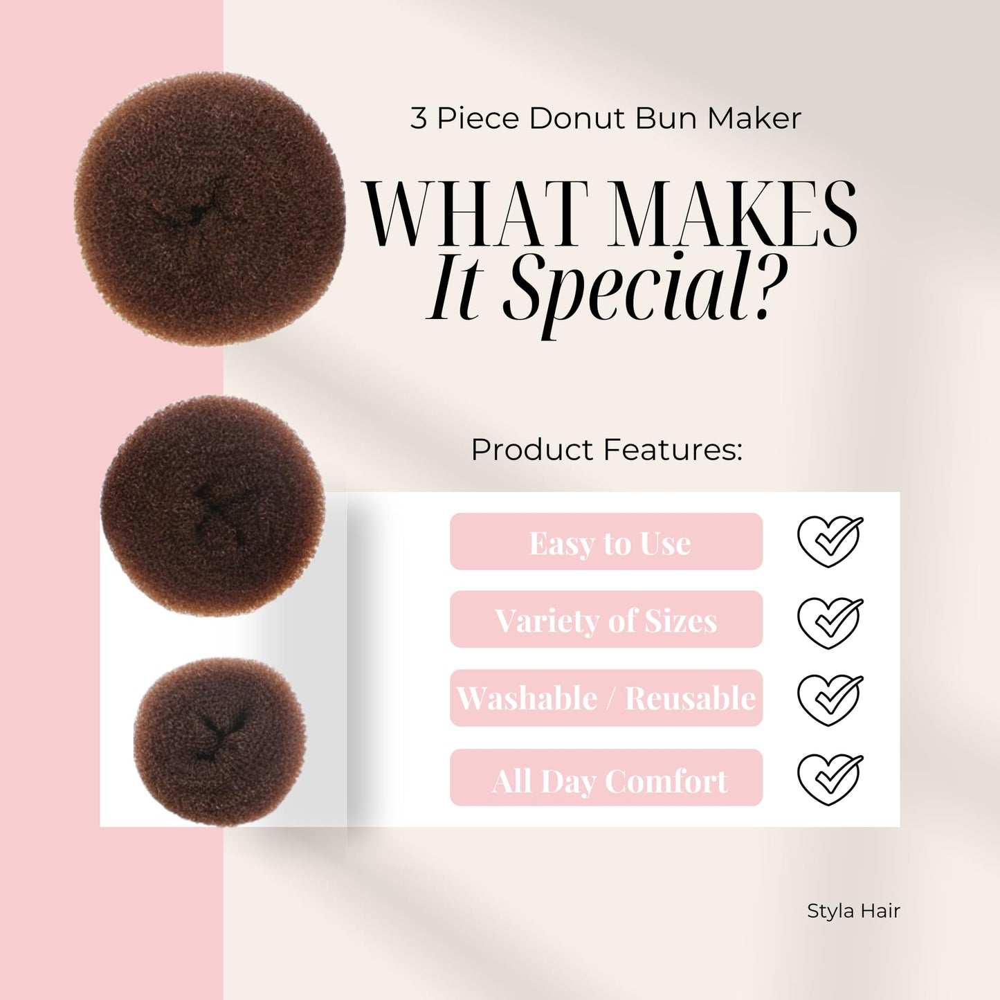 Styla Hair Donut Hair Bun Maker for Kids, Ballet Buns Maker for Kids, Sock Bun Hair Maker, Donut Bun Maker Hair, Easy Bun Hair Bun Maker, Hair Donut Bun Maker (3pc Brown)