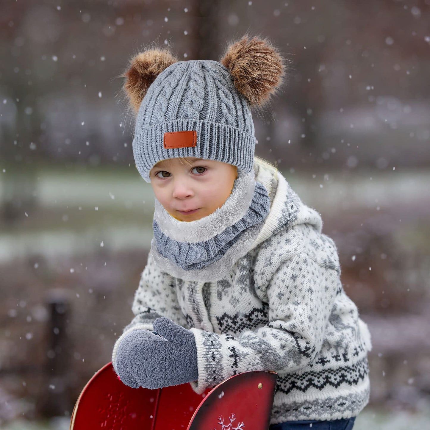 6 Pcs Toddler Kids Winter Hat Gloves Scarf Set Knit Beanie Hat with Pom Pom Mittens Neck Warmer for Baby Boys Girls 1-6 Year(Gray, White)