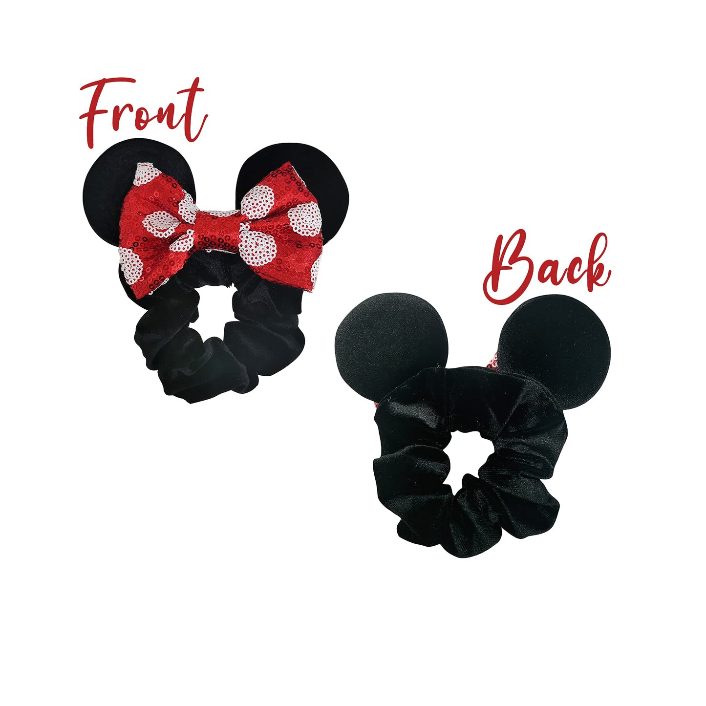 Styla Hair 2pk Mouse Ear Scrunchies for Kids Velvet Hair Bow Scrunchies for Women - Sparkle Sequins Mouse Hair Bands for Pony Tail (Red Black)