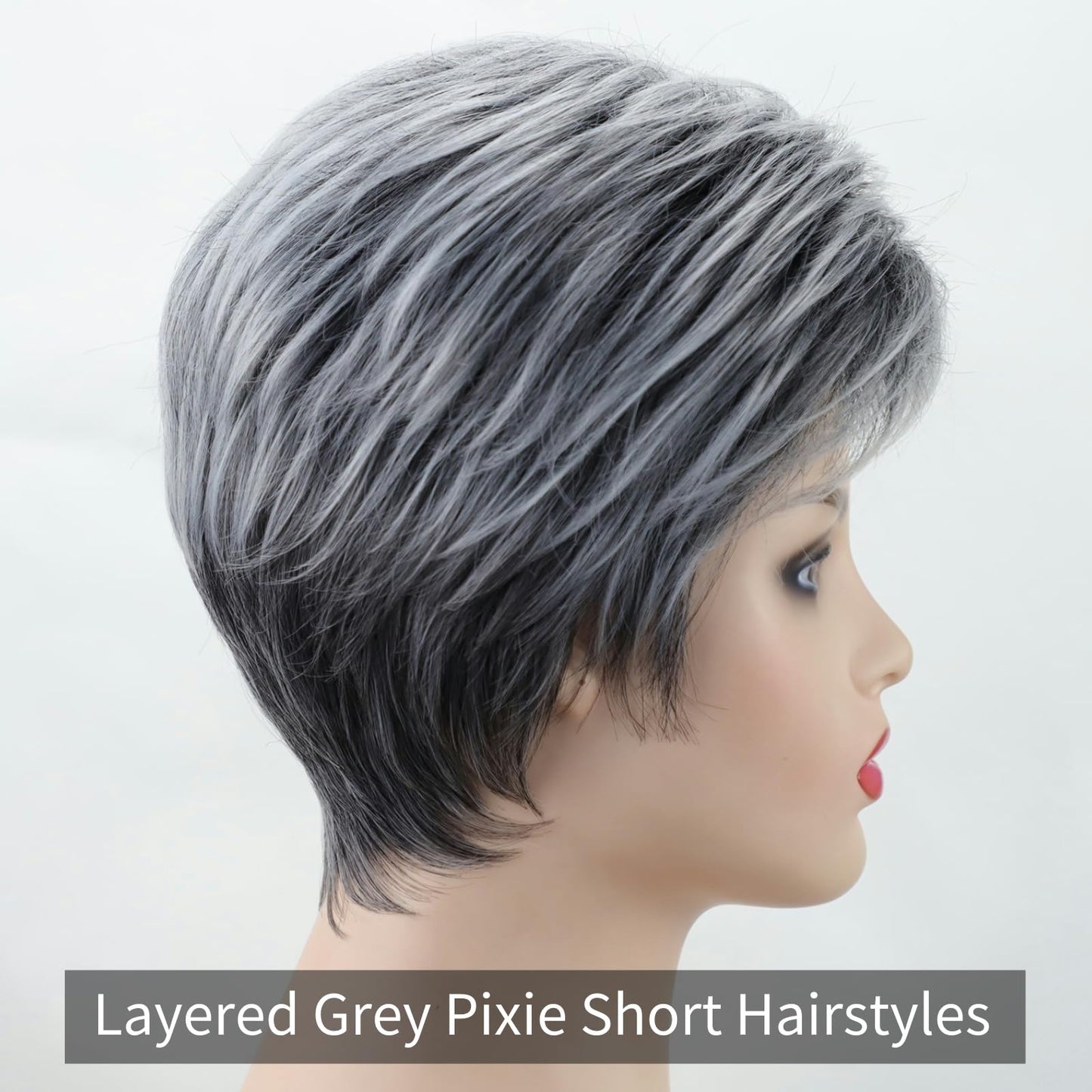 RENERSHOW Grey Pixie Short Wigs for Wome Layered Mix Gray Synthetic Wig Salt Pepper Wig Natural Hair Replacement Wig