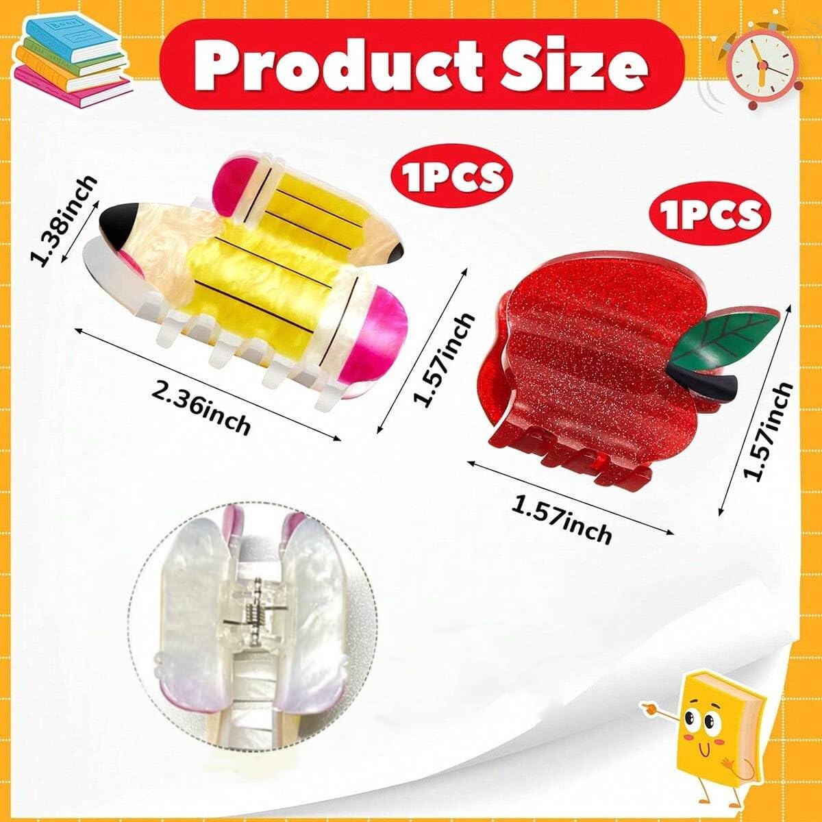 2 Pcs Red Apple Hair Clips, Acetate Yellow Pencil Claw Clips for Women Girls Cute Stylish Hair Accessories Student Back to School Hair Jaw Barrettes Teacher Appreciation Gifts