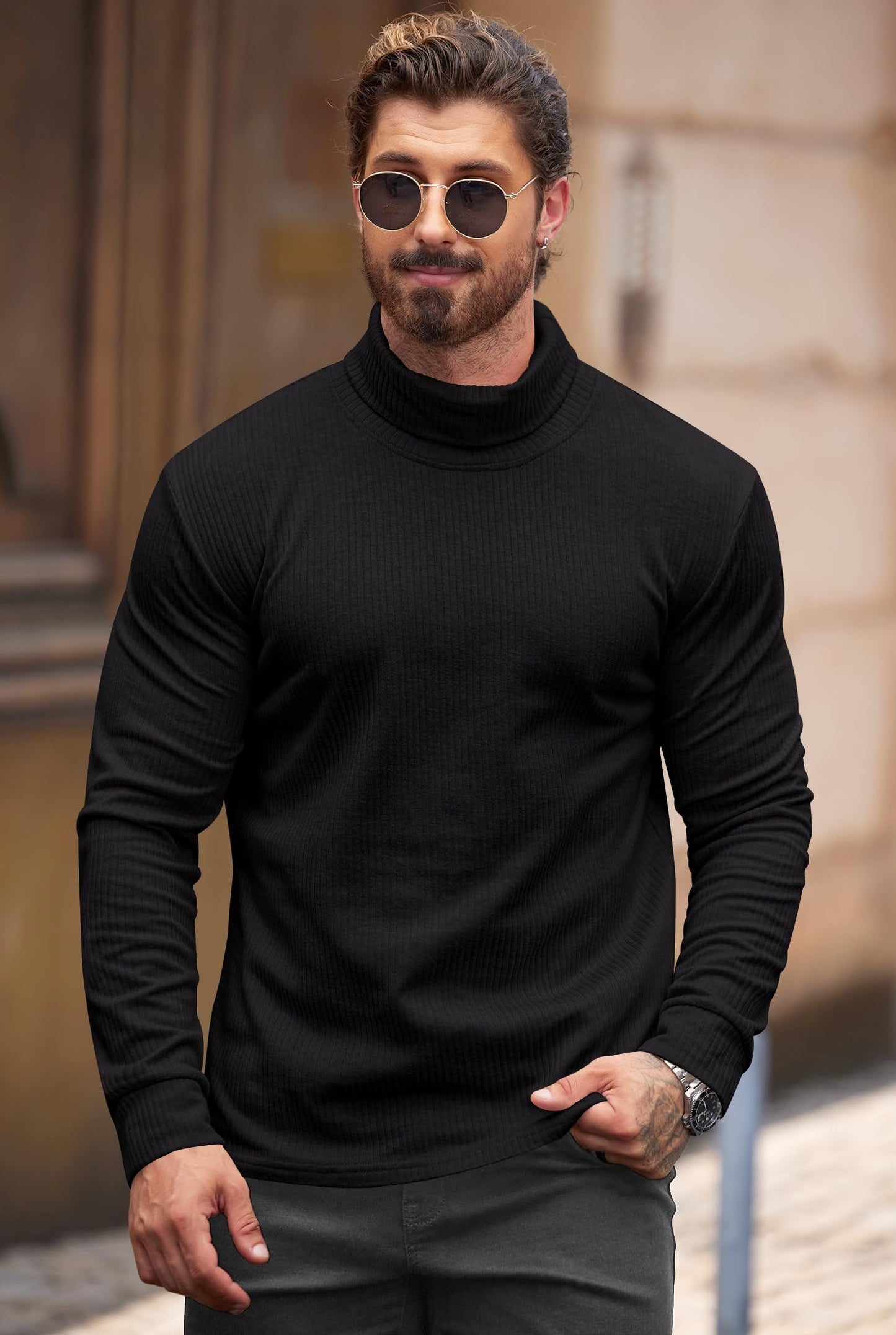VOGSTART Men's Casual Shirts Knit Pullover 2024 Winter Long Sleeve Slim Fit Ribbed Sweater Black L