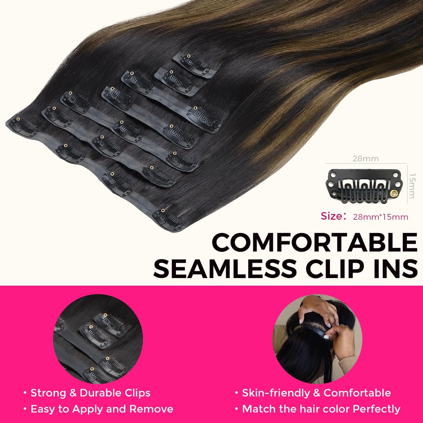 Lashey Clip in Hair Extensions Human Hair Light Yaki Seamless Clip in Hair Extensions Natural Black Mixed Chestnut Brown 16 Inch 7pcs 110g Clip in Hair Extensions Human Hair for Black Women