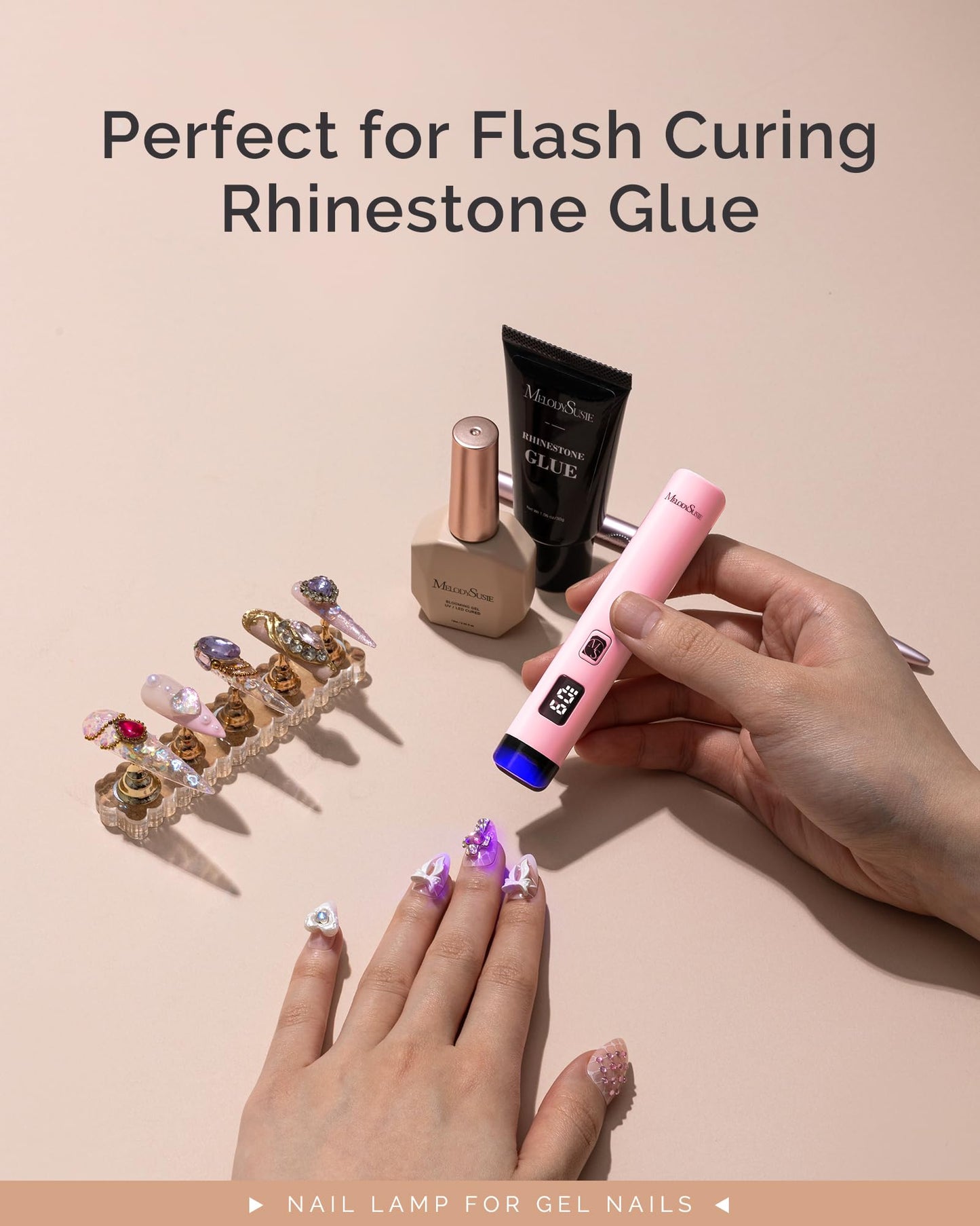 Melodysusie Handheld UV Light for Gel Nails, ART01R Cordless Gel X Nail Lamp Rechargeable with LCD Display, Eye-Protective Cover Flash Cure Nail Dryer for Rhinestone Glue Decoration DIY at Home Pink
