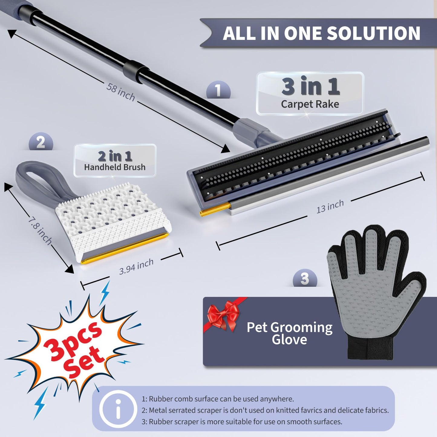 3 in 1 Carpet rake Kit for Pet Hair Removal Tool - Reusable Pet Hair Remover Broom w 58" Adjustable Long Handle, Dog & Cat Carpet Scraper, Pet Hair Remover for Rugs, Mats, Couch, Curtains(Gray)