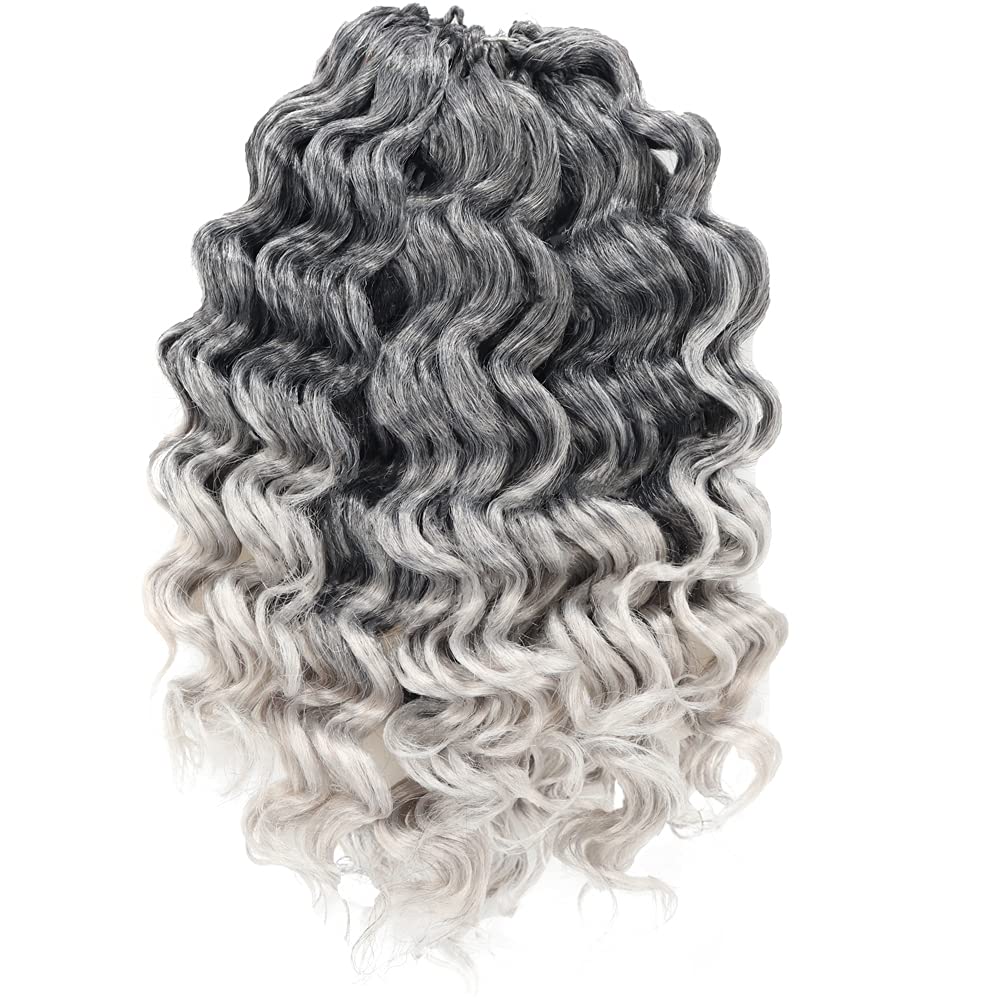 ToyoTree Ocean Wave Crochet Hair - 9 Inch 8 Packs Ombre Gray Short Curly Deep Wave Crochet Hair, Synthetic Ocean Wave Braiding Hair Extensions (9 Inch,T-Gray-8P)
